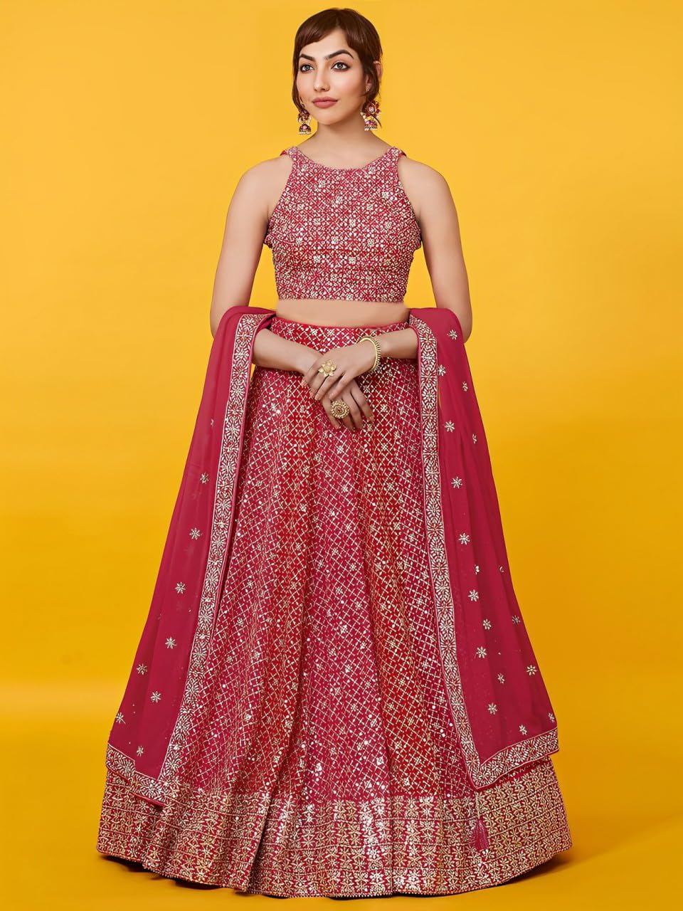 Zeel Clothing Womens Sequins Thread Embroidered Work Pure Georgette Readymade Lehenga And Choli Set With Dupatta (7088-Red-Wedding-Stylish- Lehenga-Choli; Free Size)