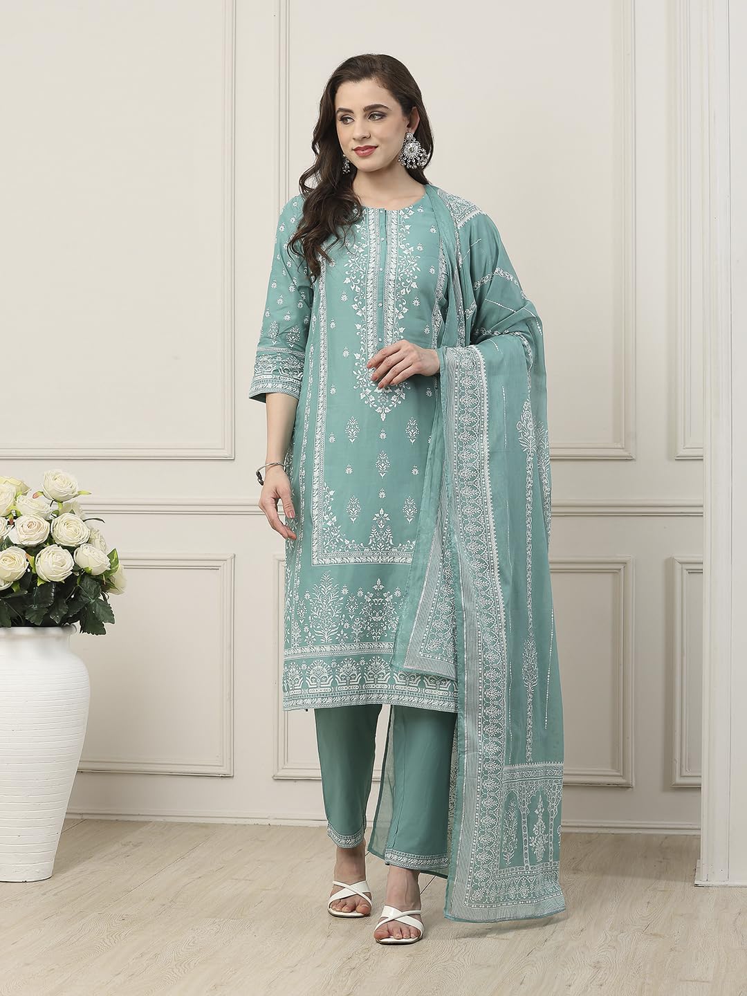 Biba Women Turquoise Cotton Straight Suit Set_32