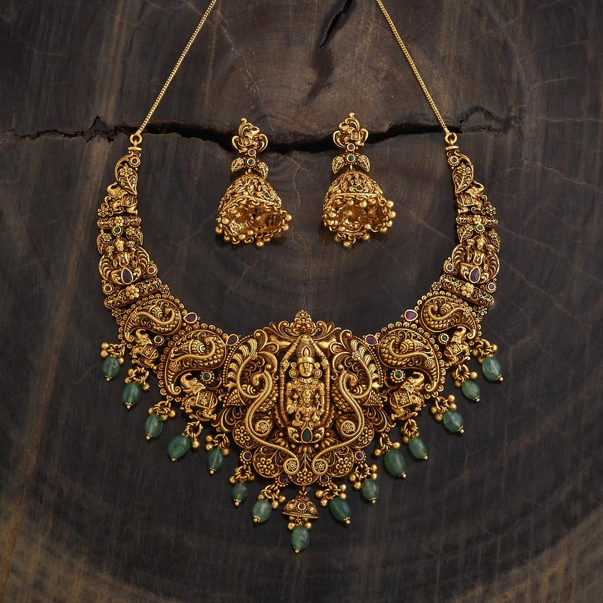 KUSHAL'S Fashion Jewellery Ruby-Green Gold Polished Antique Short Necklace With Push Back Jhumkas and Adjustable Chain for Bridesmaids, Necklace set for women - 435921