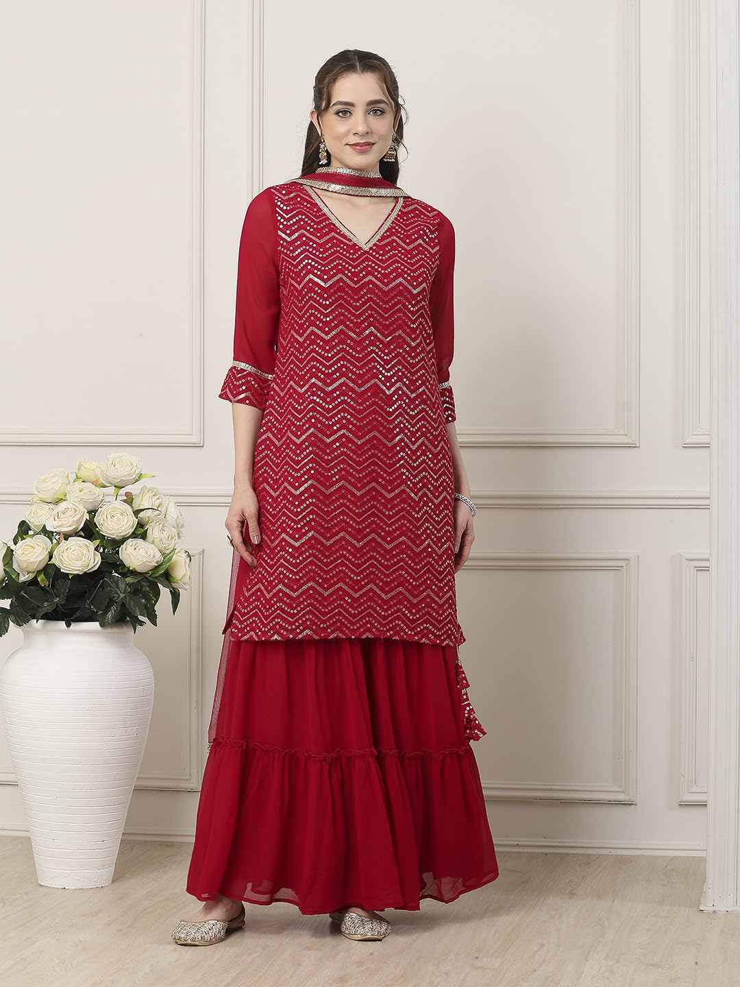 Biba Women Red Polyester Straight Embroidered Sharara Suit Set_42