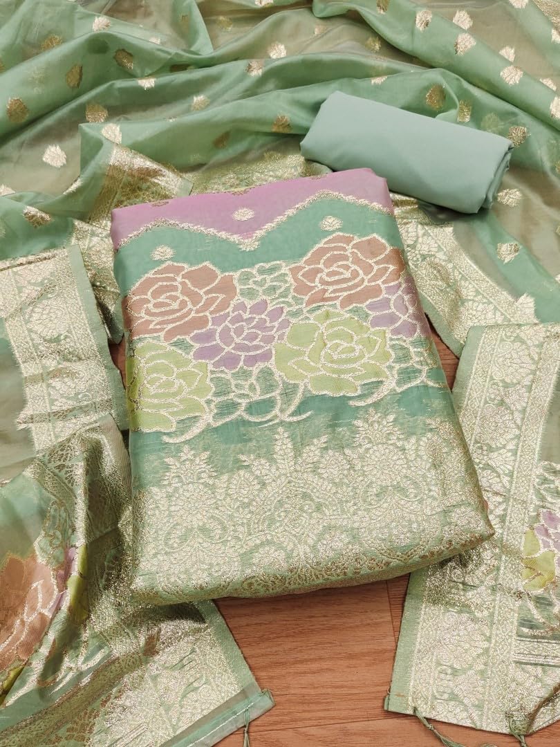 SHANTVAN GALLERY Banarasi Organza Cut Paste Suit Set with Silk Jacquard Dupatta, Heavy American Crape Bottom, 2.5 Meter, (Green)