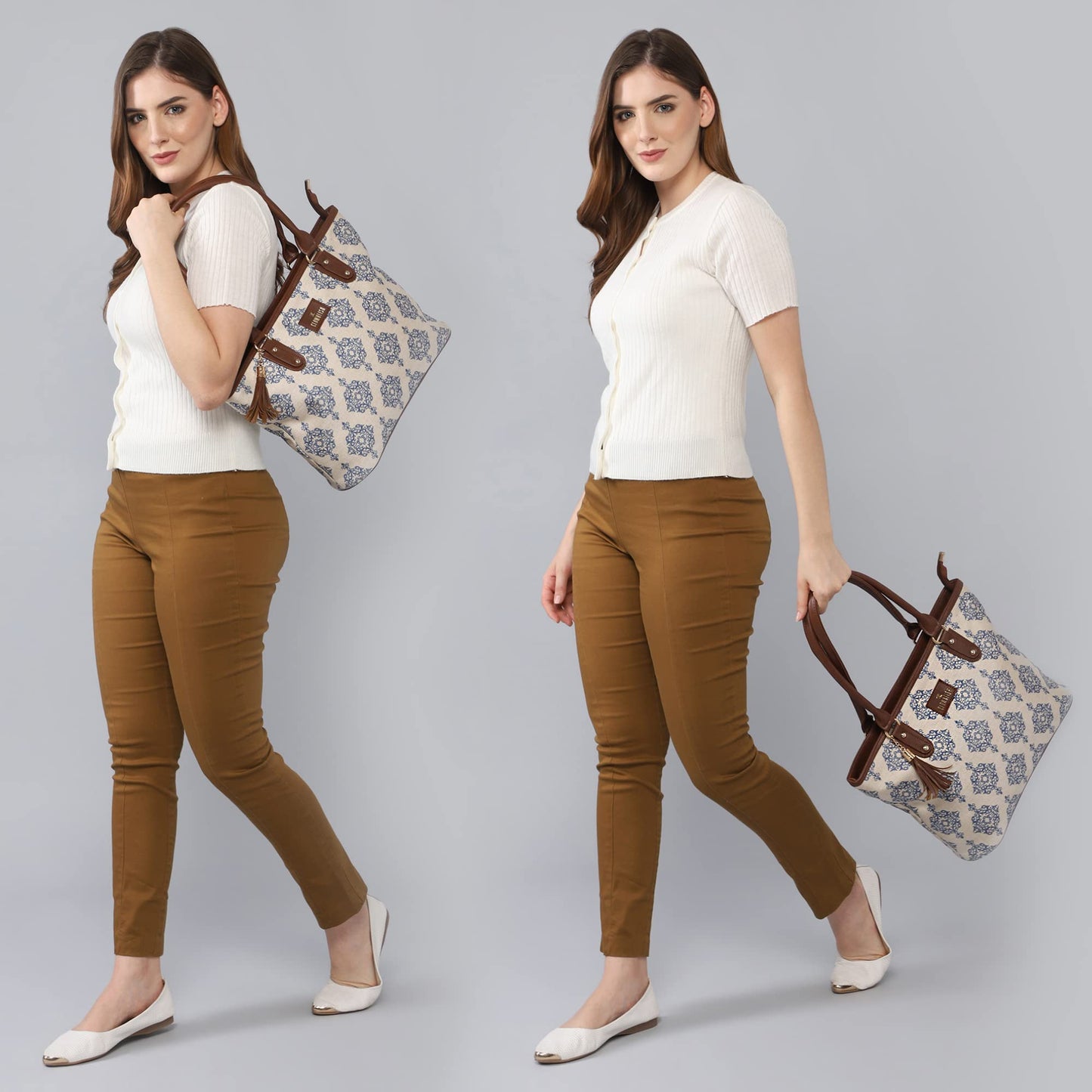 The Clownfish Percy Printed Handicraft Fabric Handbag for Women Office Bag Ladies Shoulder Bag Tote for Women College Girls (Off White)