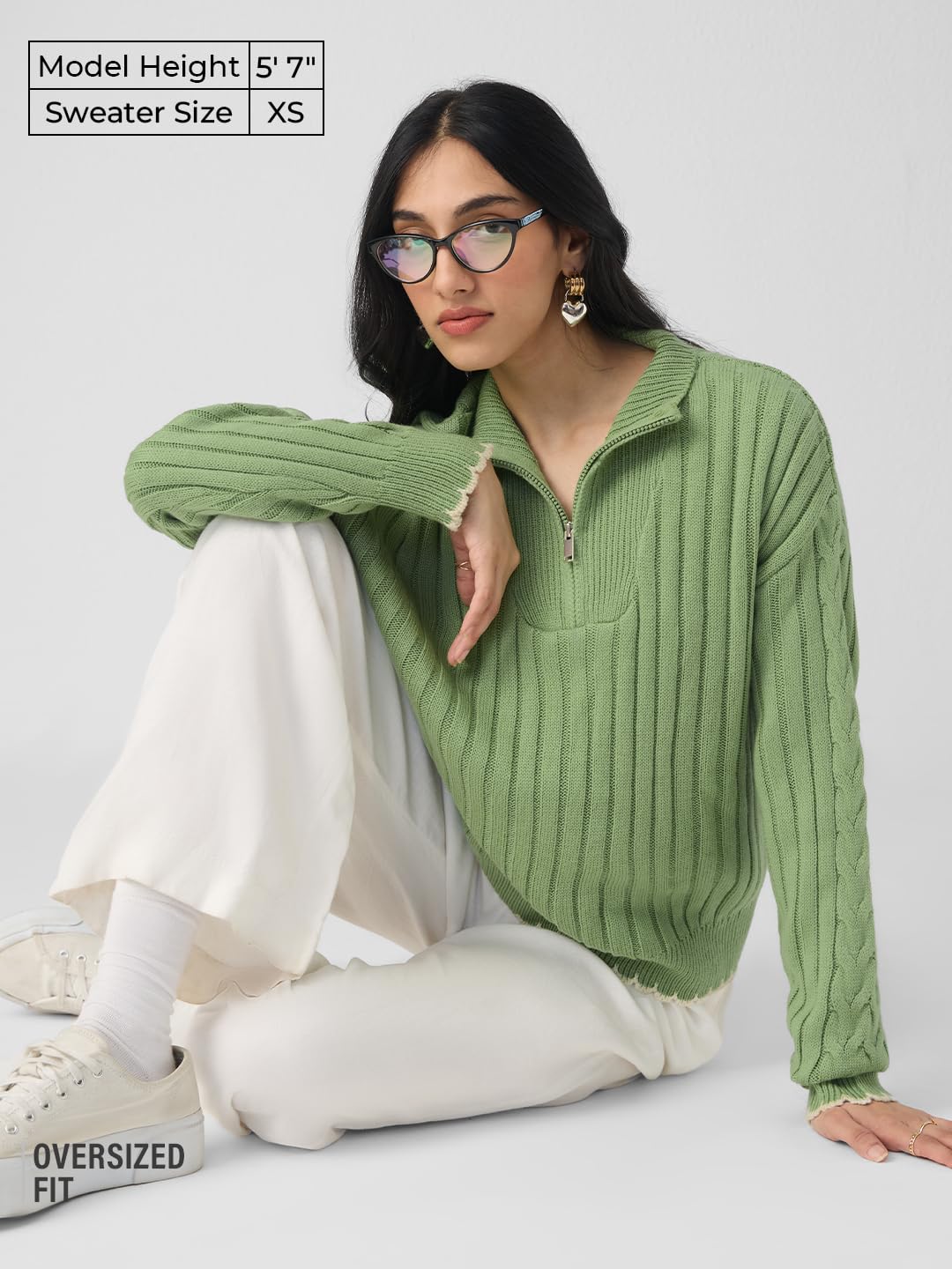 The Souled Store High-Neck Sweater: Soft Sage Women and Girls Full Sleeves Mock Neck Green Solid Acrylic Ribbed Texture Lightweight Everyday Oversized Fit Sweater
