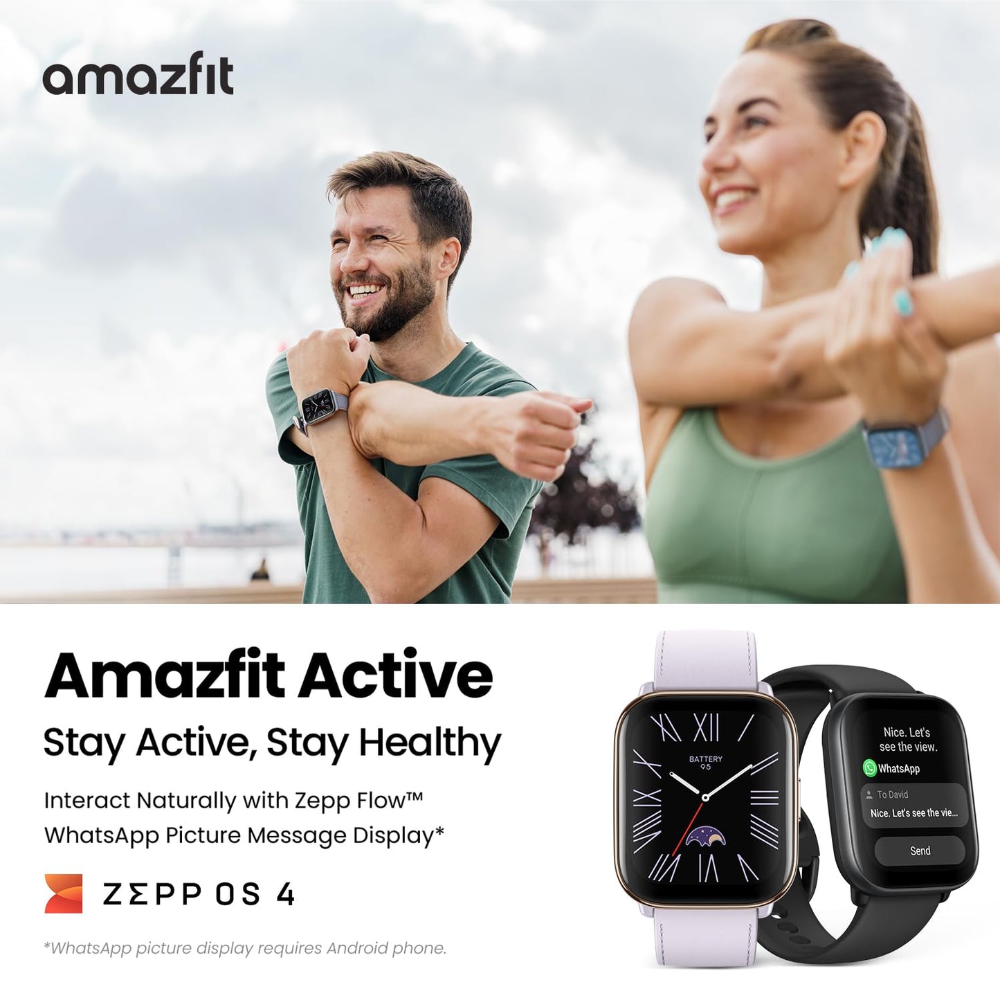 Amazfit Active Smart Watch with AI Fitness Exercise Coach, GPS, BT Calling & Music, 14 Day Battery, 1.75" AMOLED Display & Alexa-Enabled, Stainless Steel Watch with Leather Strap (Lavender Purple)