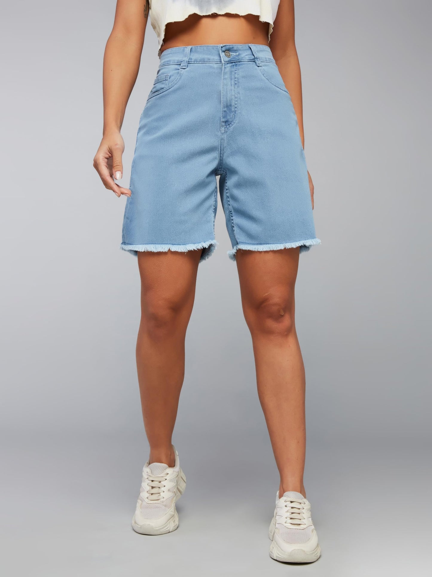 Dolce Crudo Women's Regular High Rise Above Knee Stretchable Denim Shorts (DOSS23DEN09-12-158-28, Light Blue, 28)