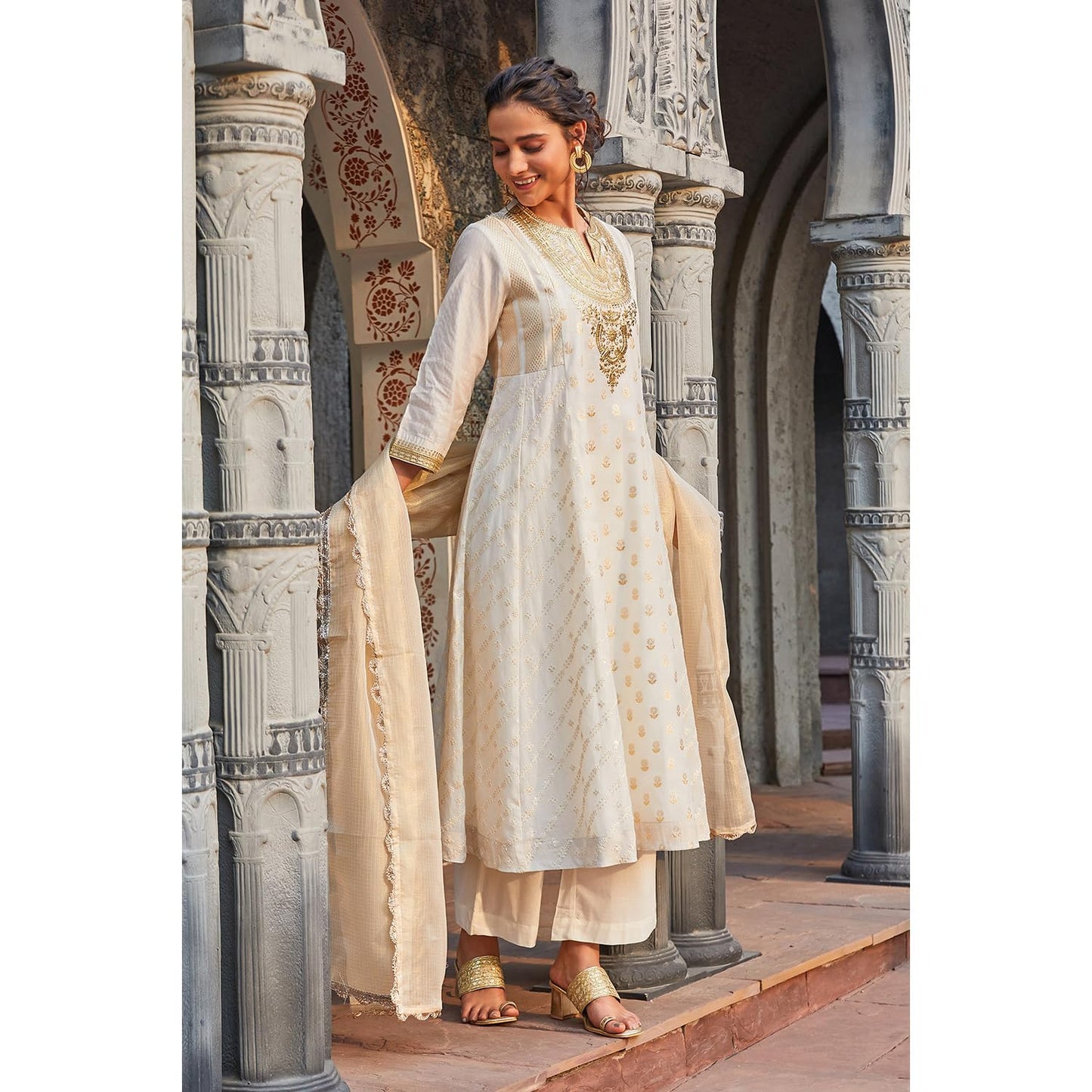 BIBA Women Cotton Blend Straight Self Design Suit Set (SKDMAURYA9378SS24OWHT_Off White