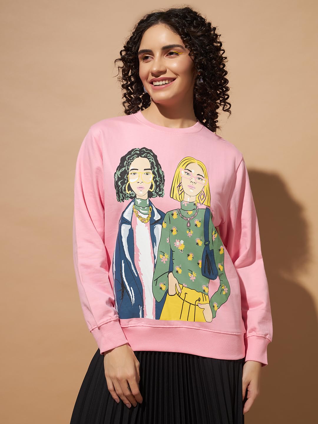 THE DRY STATE Women's Round Neck Loose Fit Sweatshirt with Graphic Print at Front