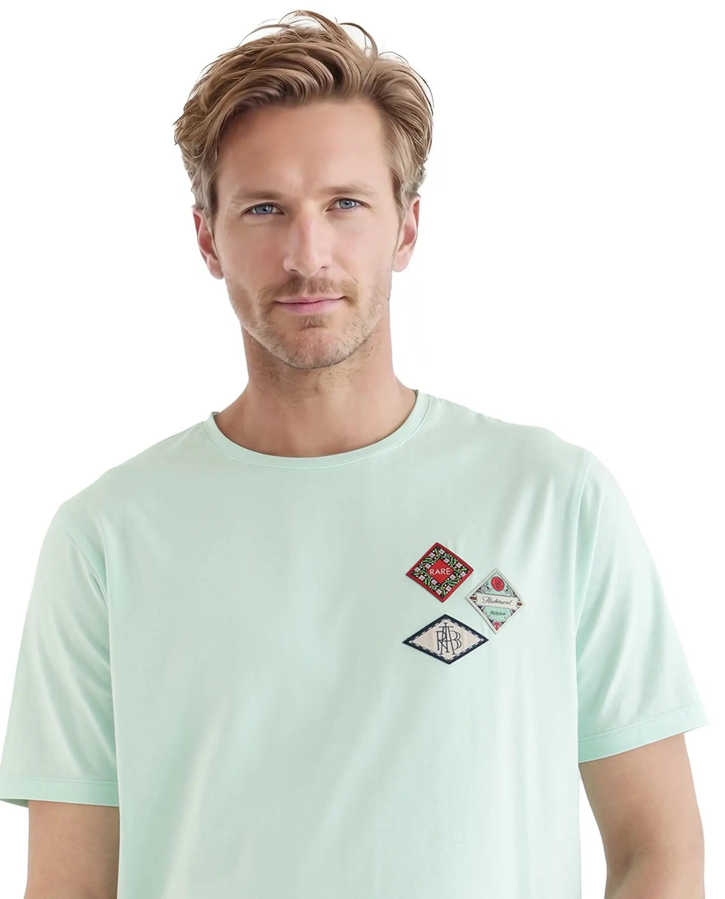 Rare Rabbit Men's Dorl Light Blue Cotton Graphic Print Regular Fit Half Sleeve Crew Neck T-Shirt