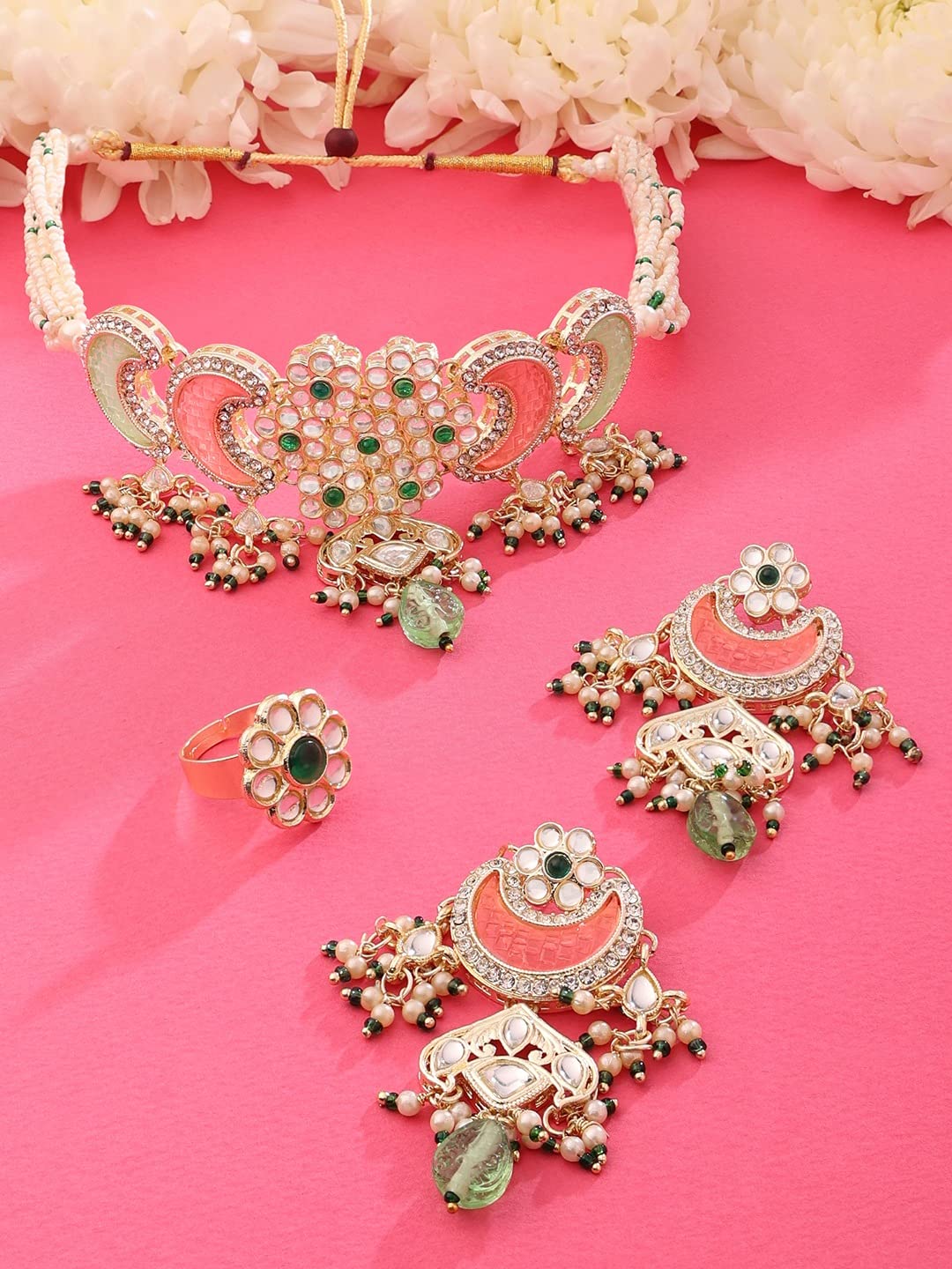 ZAVERI PEARLS Pink Green Stones Beads Multistrand Kundan Choker Necklace Earring & Ring Set For Women-ZPFK15652