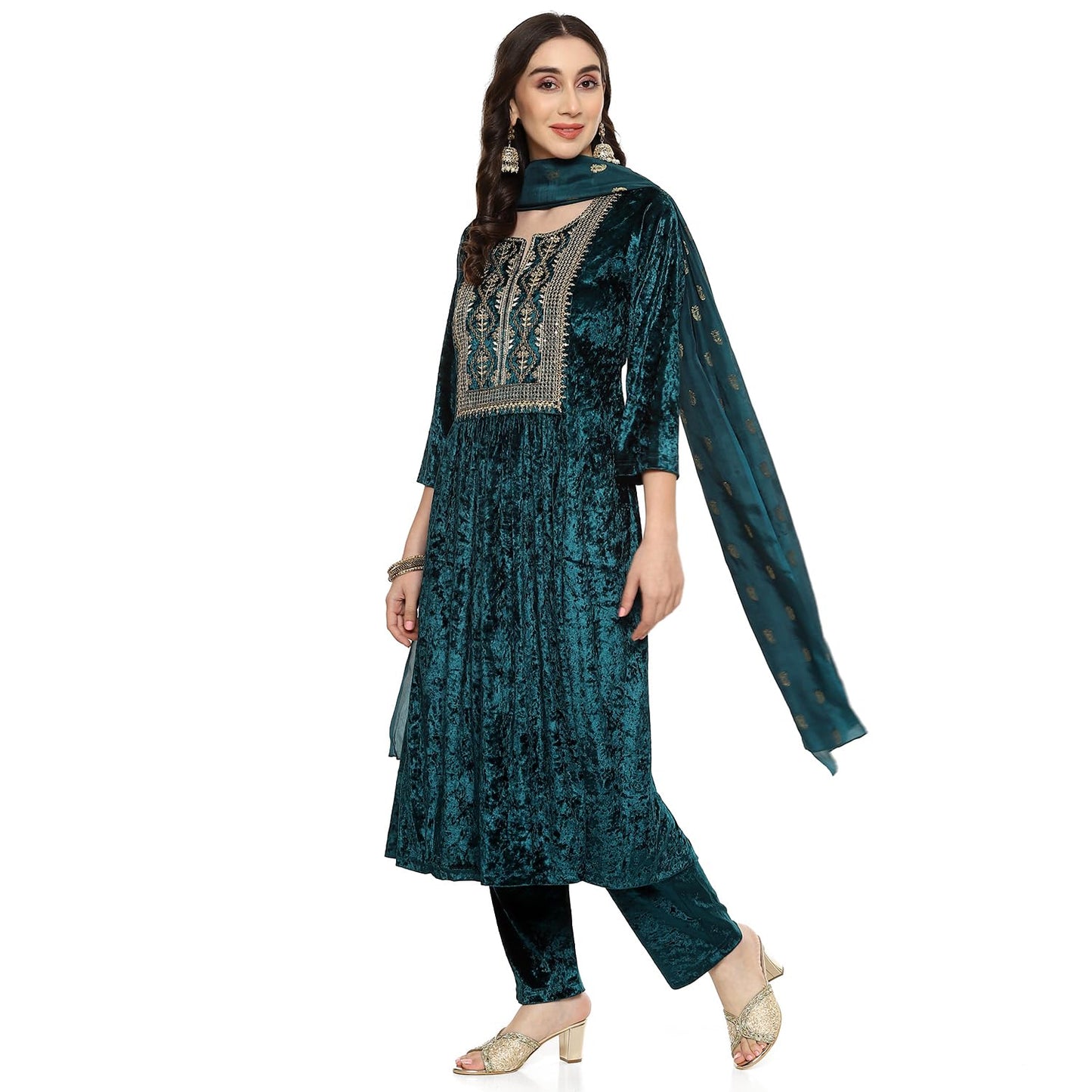 BIBA Women EMBROIDERY STRAIGHT SALWAR KURTA DUPATTA(SKDVELVET E9314_TEAL_42)