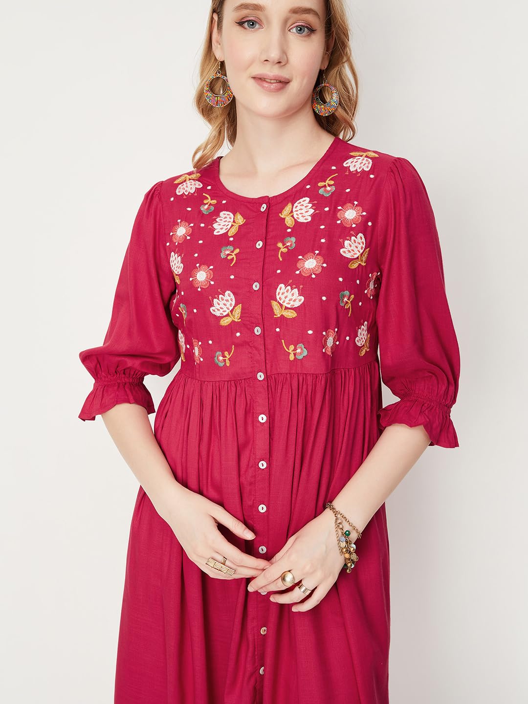 Max Women Embroidered Fit & Flare Midi Dress (EMBDRS33008RED)_M