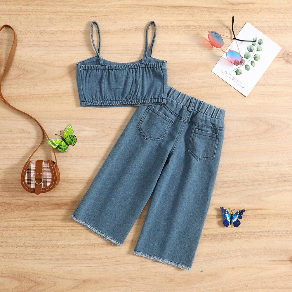 Hopscotch Girls Sleeveless Graphic Print Blue Color Jeans set (2-3 Years)