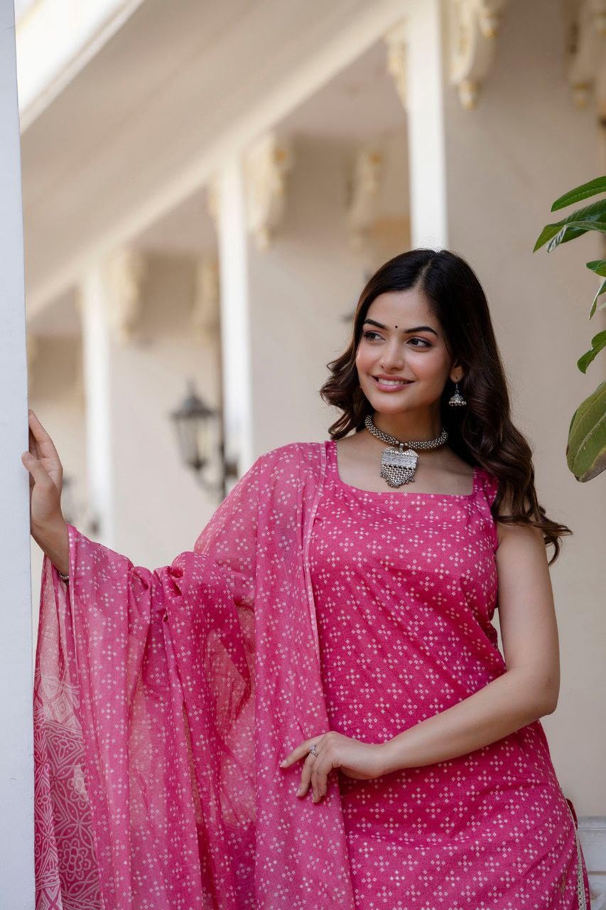 Modestouze Attires Women's Rayon Blend Floral Printed Salwar Suit Set | V Neck 3/4 Sleeve Calf Length Kurta and Dupatta with Print Pant | MAD-K166-PINK-M