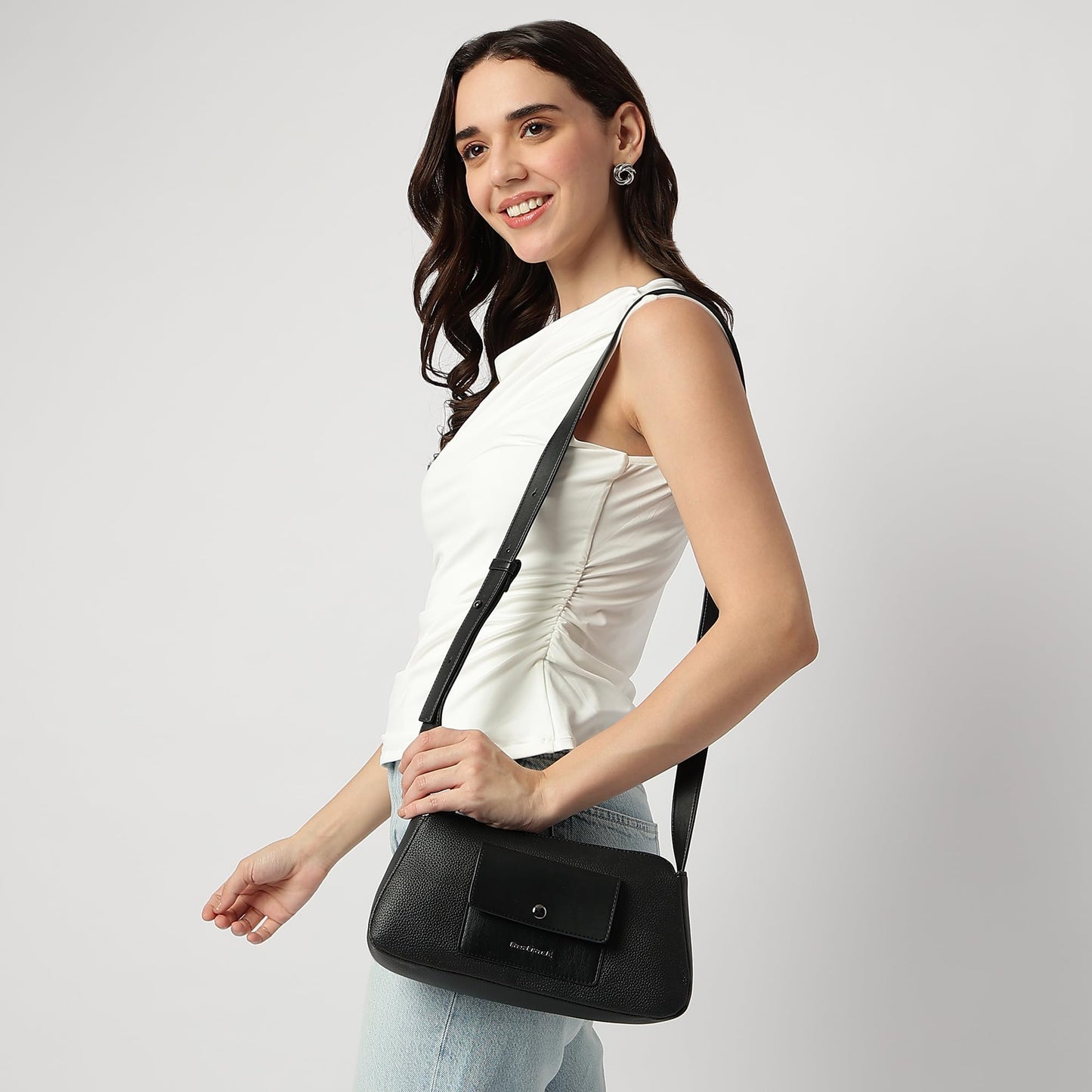 Fastrack Stellar Sling Bag for Women| Faux Leather Sling with Adjustable Belt | Small Grain Texture and Front Button Pocket | Trendy Handbags for Women | Compact Sling for Girls