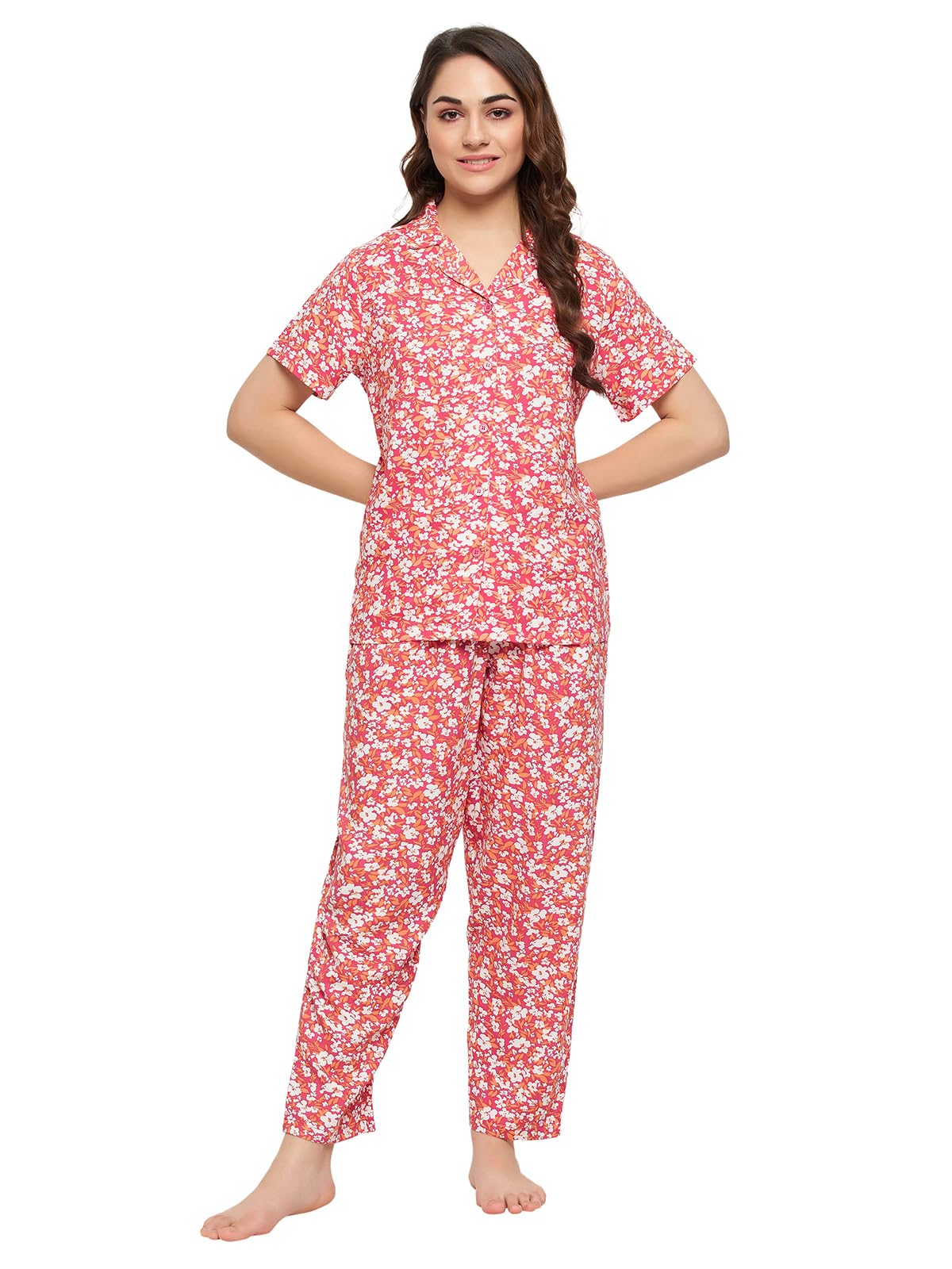 Clovia Women's Rayon Pretty Florals Button Down Shirt & Pyjama Set (LS0385G14_Pink_XL)