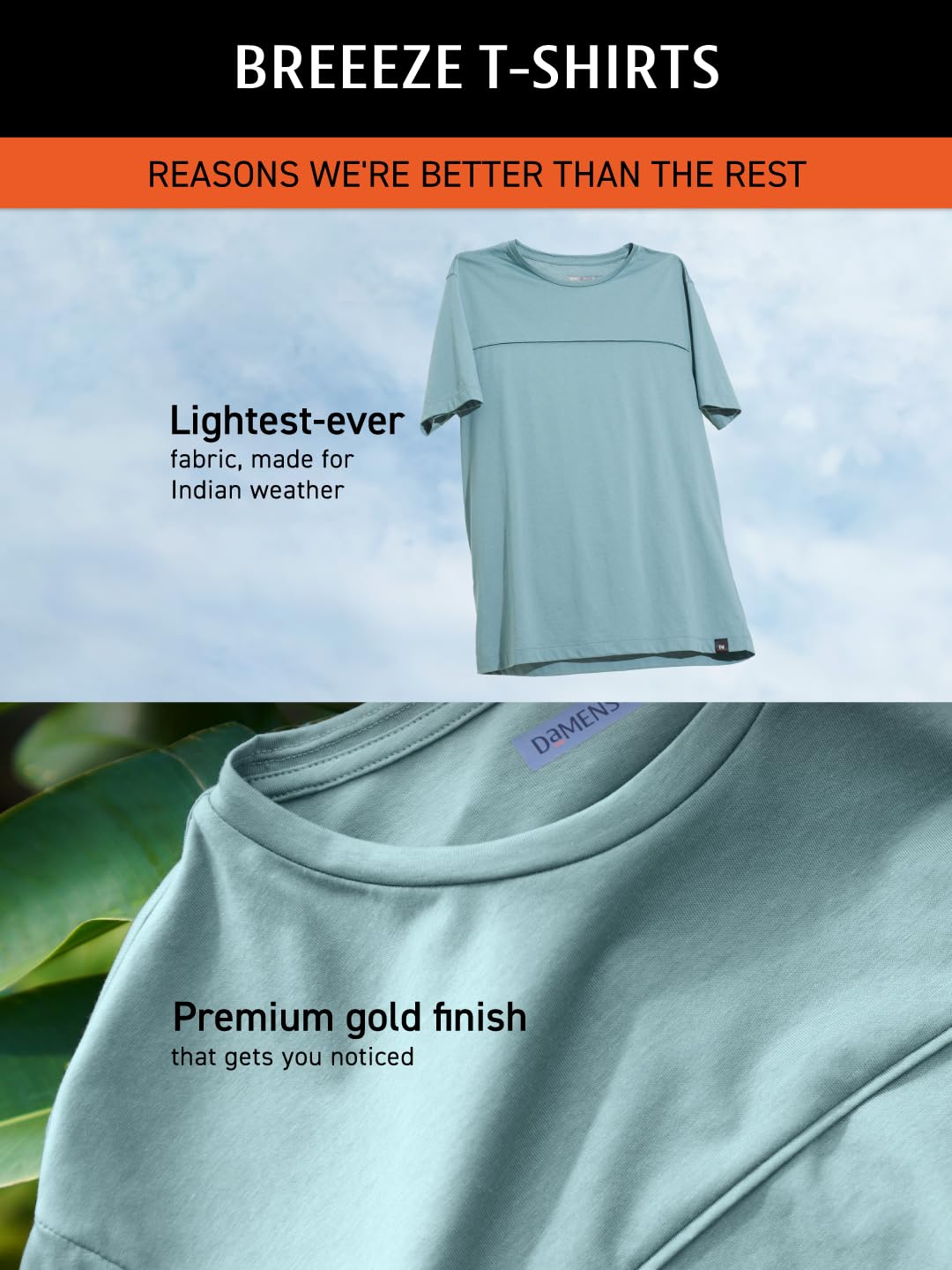 DAMENSCH Regular Fit Cotton Blend Tshirt Half Sleeve Crew Neck Comfortable Casual Lightweight Premium Vortex Elemental Breeeze Tshirts for Men Pack of 1-Teal Haze-L