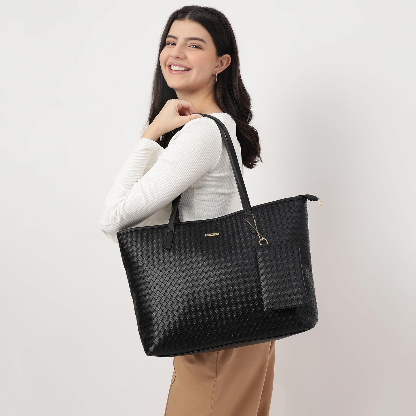 Fastrack Textured Oversized Structured Tote Bag For Women, Girls and Ladies Fits Upto 15" Laptop |Comes with a Removable Small Pouch | Made of Premium PU Material | Totes for Casual Carry