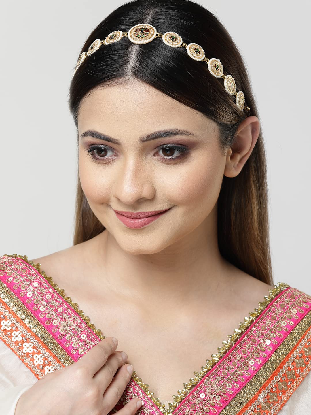 Sanjog Traditional Multi-Color Meena Work Rajputi sheeshphool Matha Patti Jewelry for Women & Girls (Peacock)