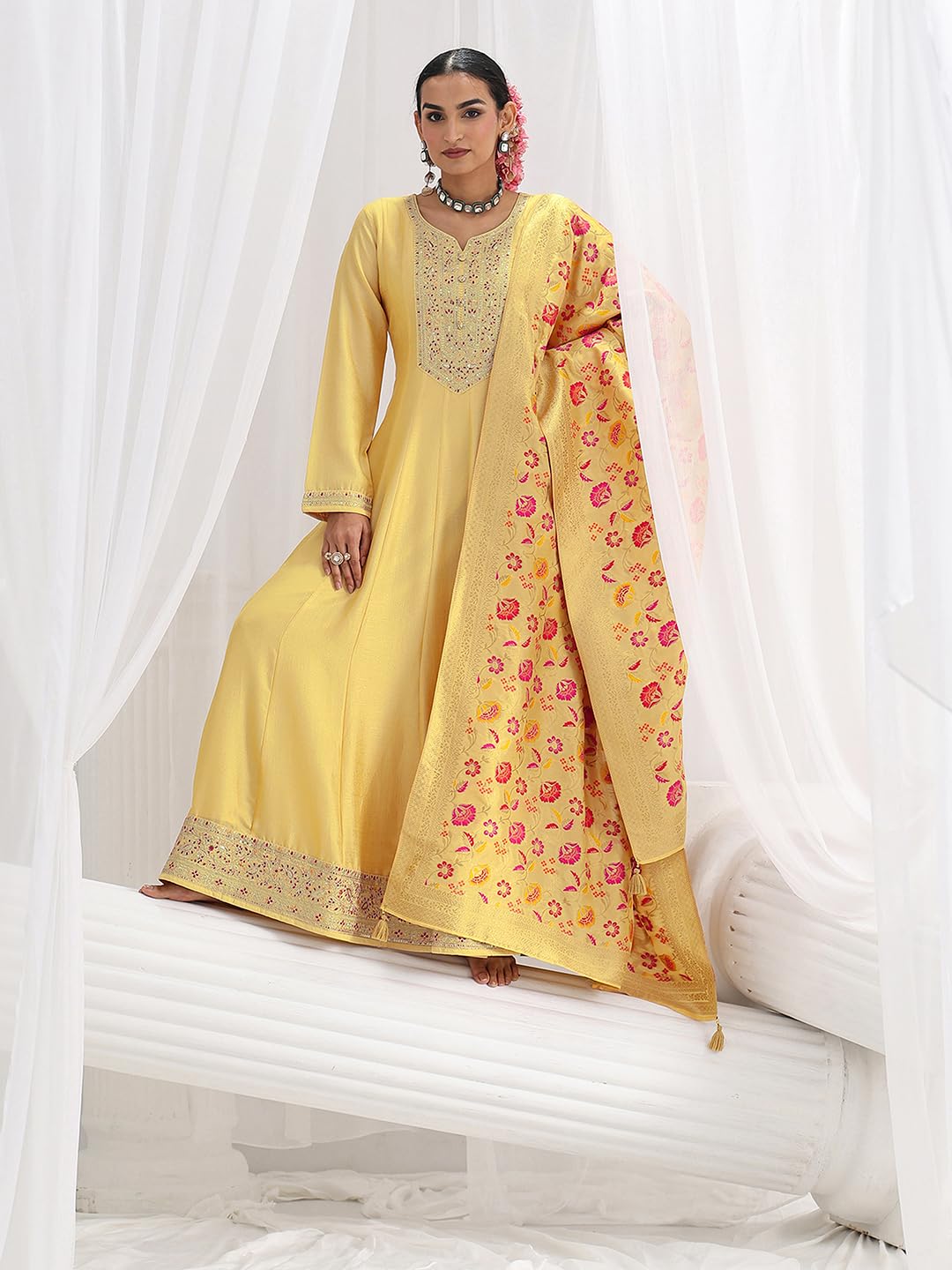 Libas Embroidered Silk Blend A-Line Ethnic Dress with Dupatta-93631XXL