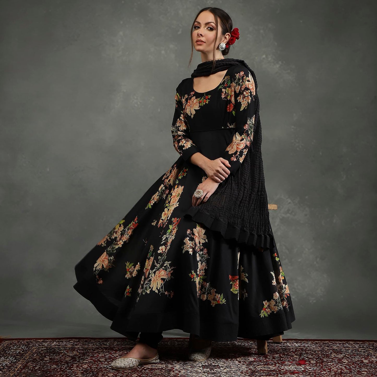 BIBA Women's Silk Chanderi Kurta Sets (CKD10960AW24BLK_Black