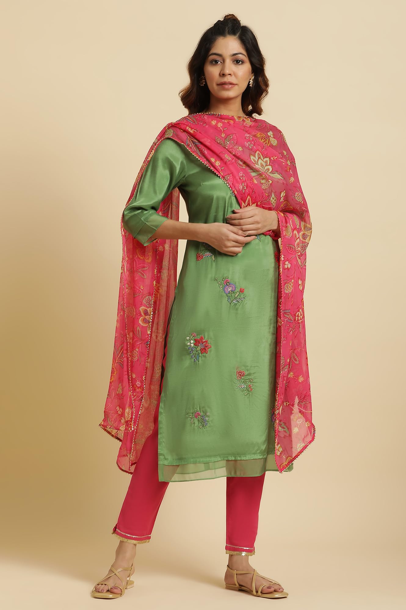 W for Woman Women's Polyester Pink Floral Printed Chiffon Dupatta (8905661211647_Free Size)_WFS