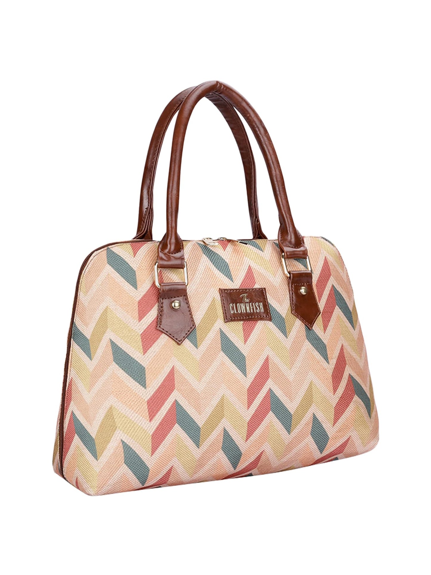 THE CLOWNFISH Montana Series Printed Handicraft Fabric & Faux leather Handbag for Women Office Bag Ladies Purse Shoulder Bag Tote For Women College Girls (Cream-1)