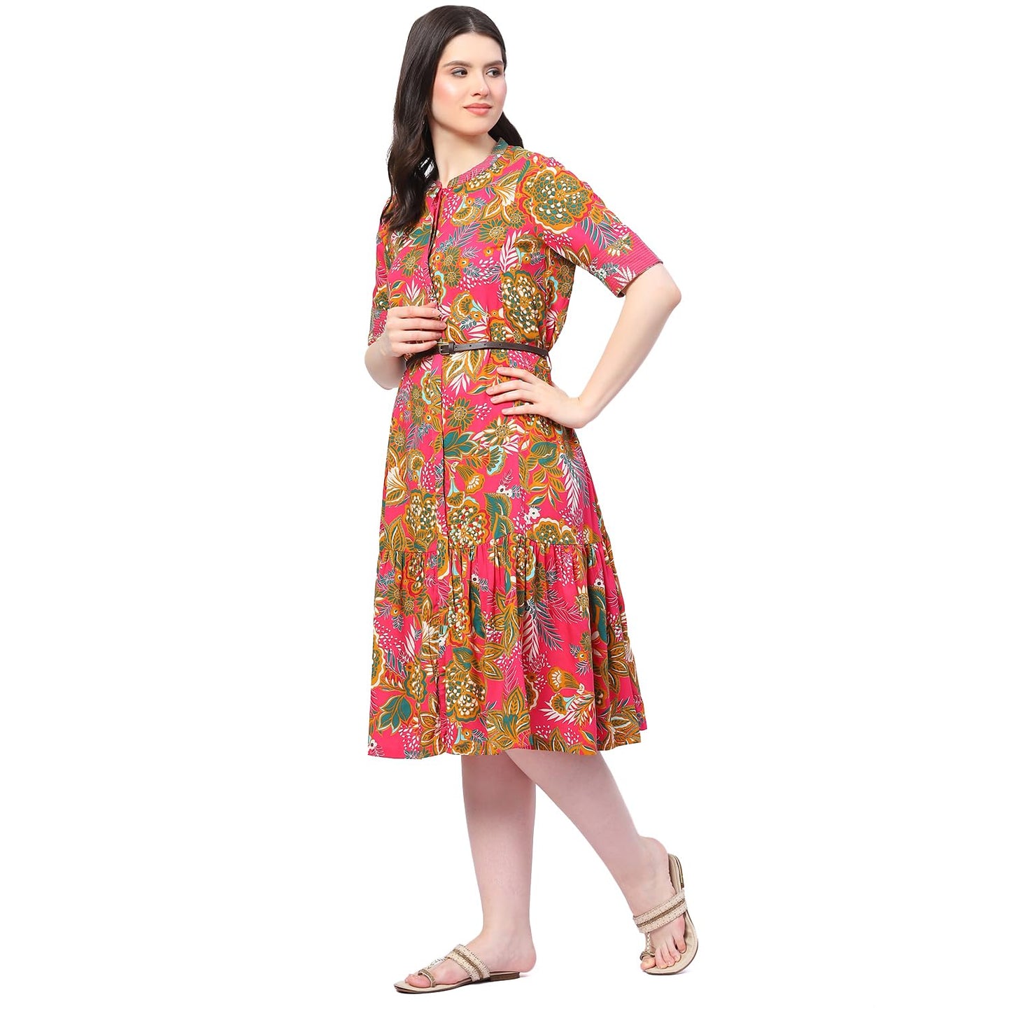 BIBA Women Printed Straight Calf Length Mix & Match (Casual D2162_Fuchsia_42, Dress)