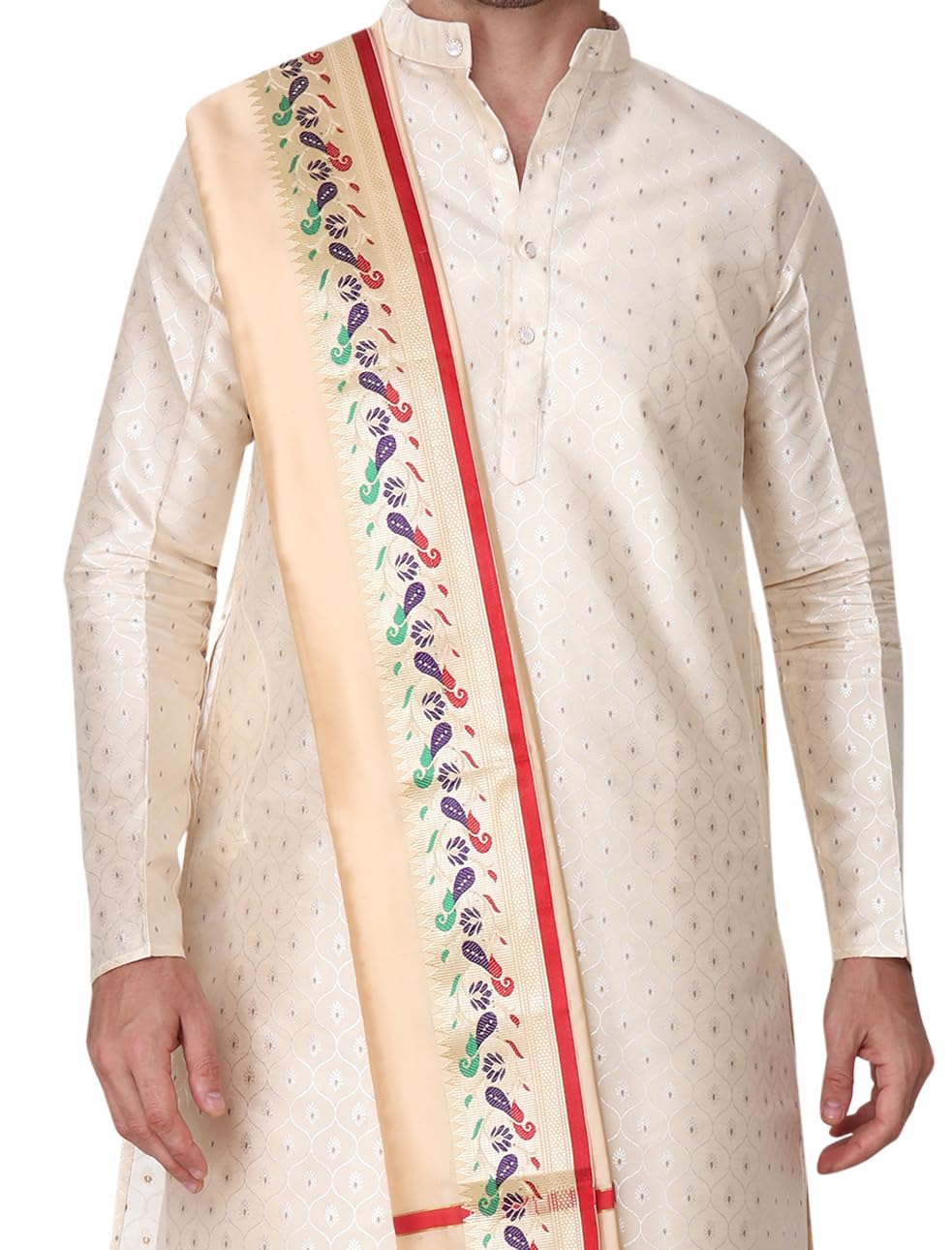 Rameshwaram Fabrics Men's Indian Traditional Wedding Dress, Readymade Dhoti with Sherwani Style Kurta - Stole (XL-Extra Large-42, Gold-Gold)