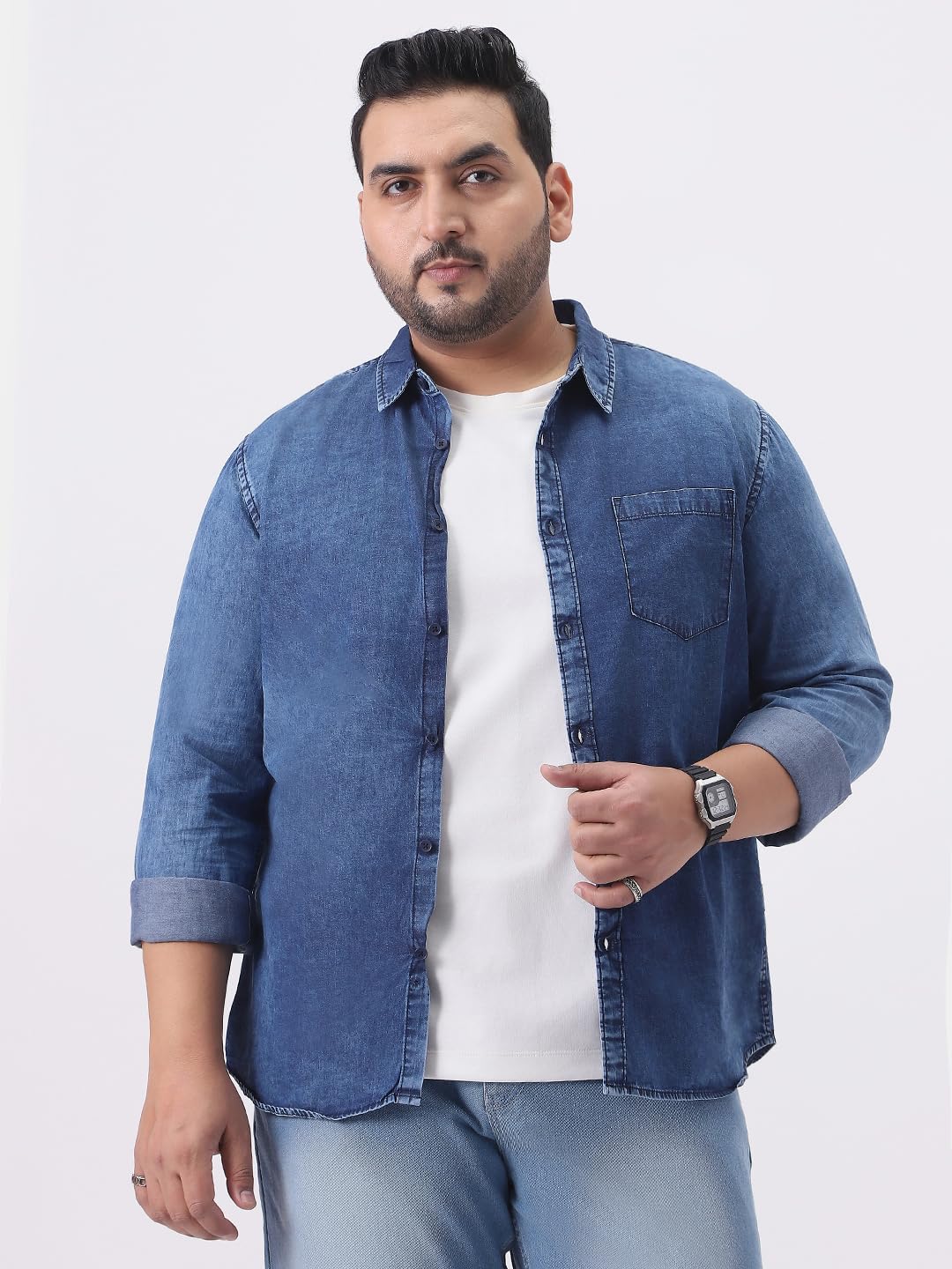 Urbano Plus Men's Blue Regular Fit Full Sleeve Washed Denim Shirt (plusshirtdentowlp-02-mblue-4xl)