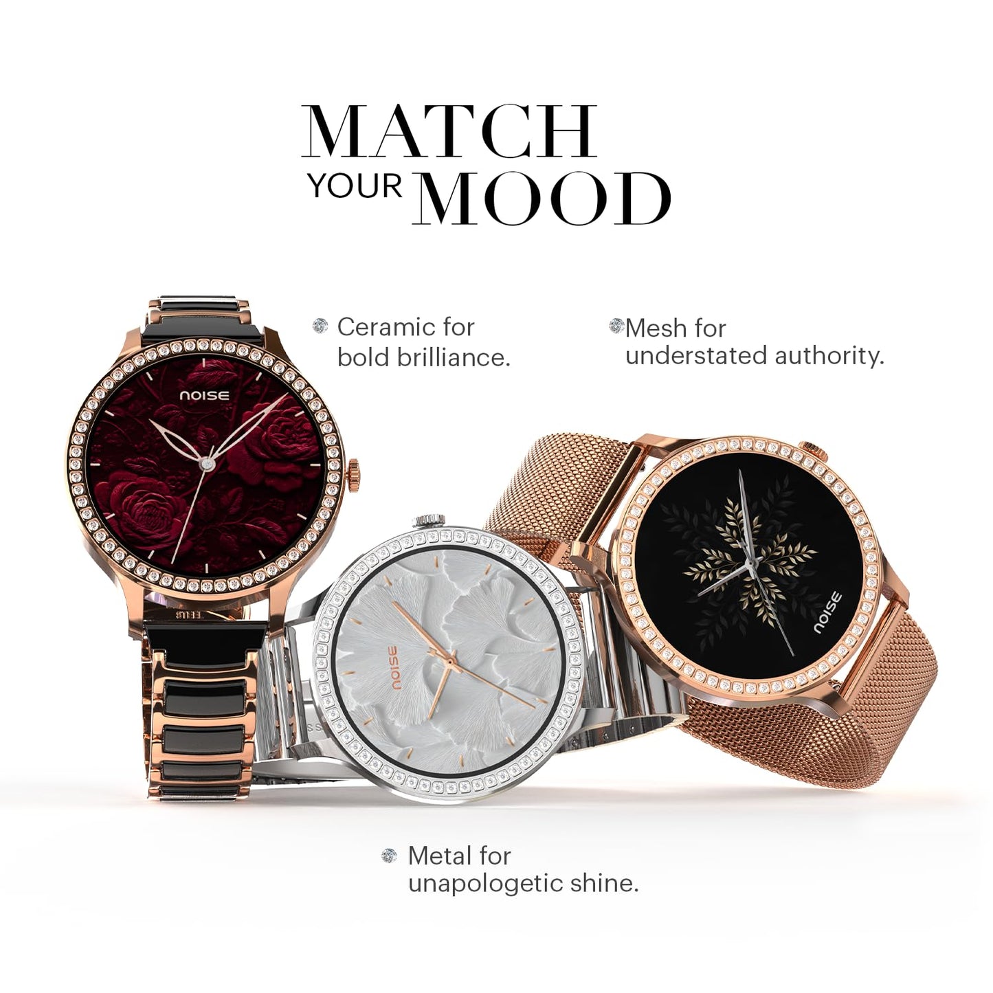 Noise Diva Araya Smartwatch for Women with AMOLED Display (850 Nits), 60 Precision-Set Crystals, Cycle Tracking, Skin Temperature, SOS with Live Location, 100+ Watch Faces - Iconic Silver