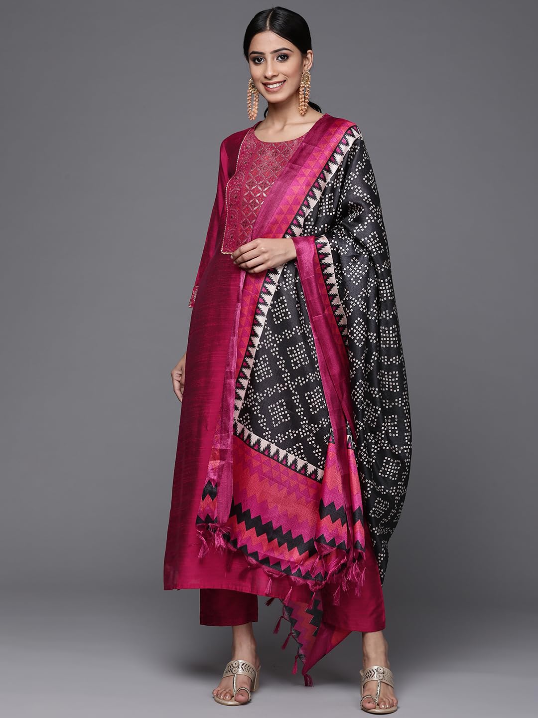 Varanga Magenta Silk Kurta Set for Women – Elegant Woven Yoke, Gota Embellishment, Elasticated Trouser, Side Slits – Stylish & Comfortable Ethnic Wear (Extra Large)