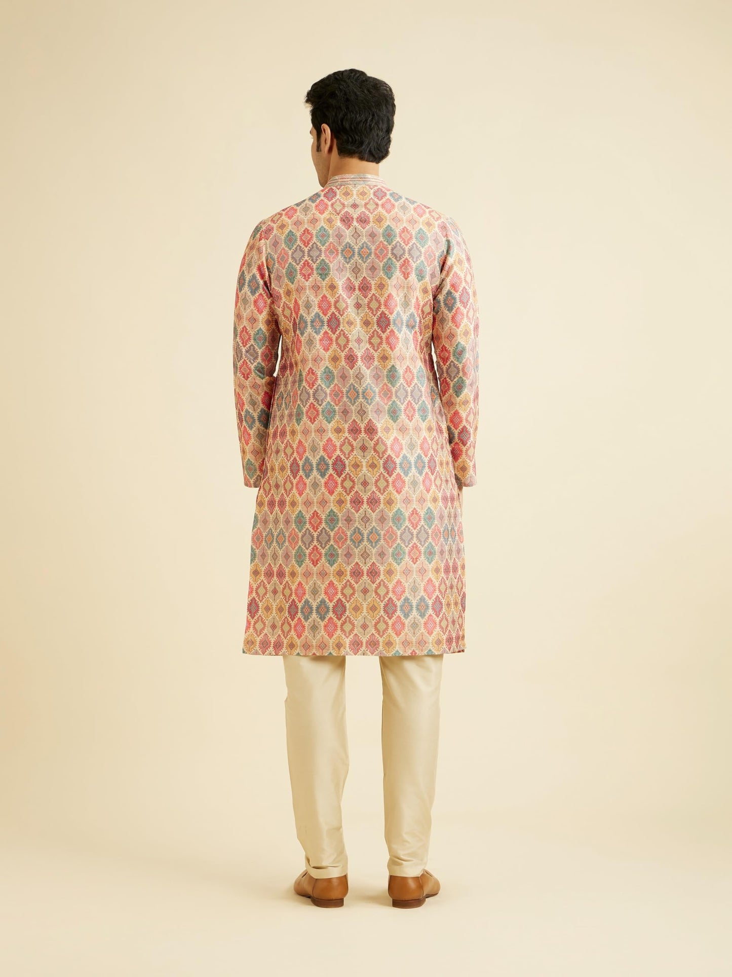 Manyavar Men's Art Silk Printed Kurta Pyjama Set (Beige,XXL)