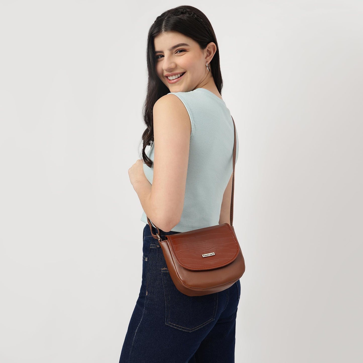 Fastrack Women’s Spacious Croc-Textured Party Sling Bag (Tan Brown)