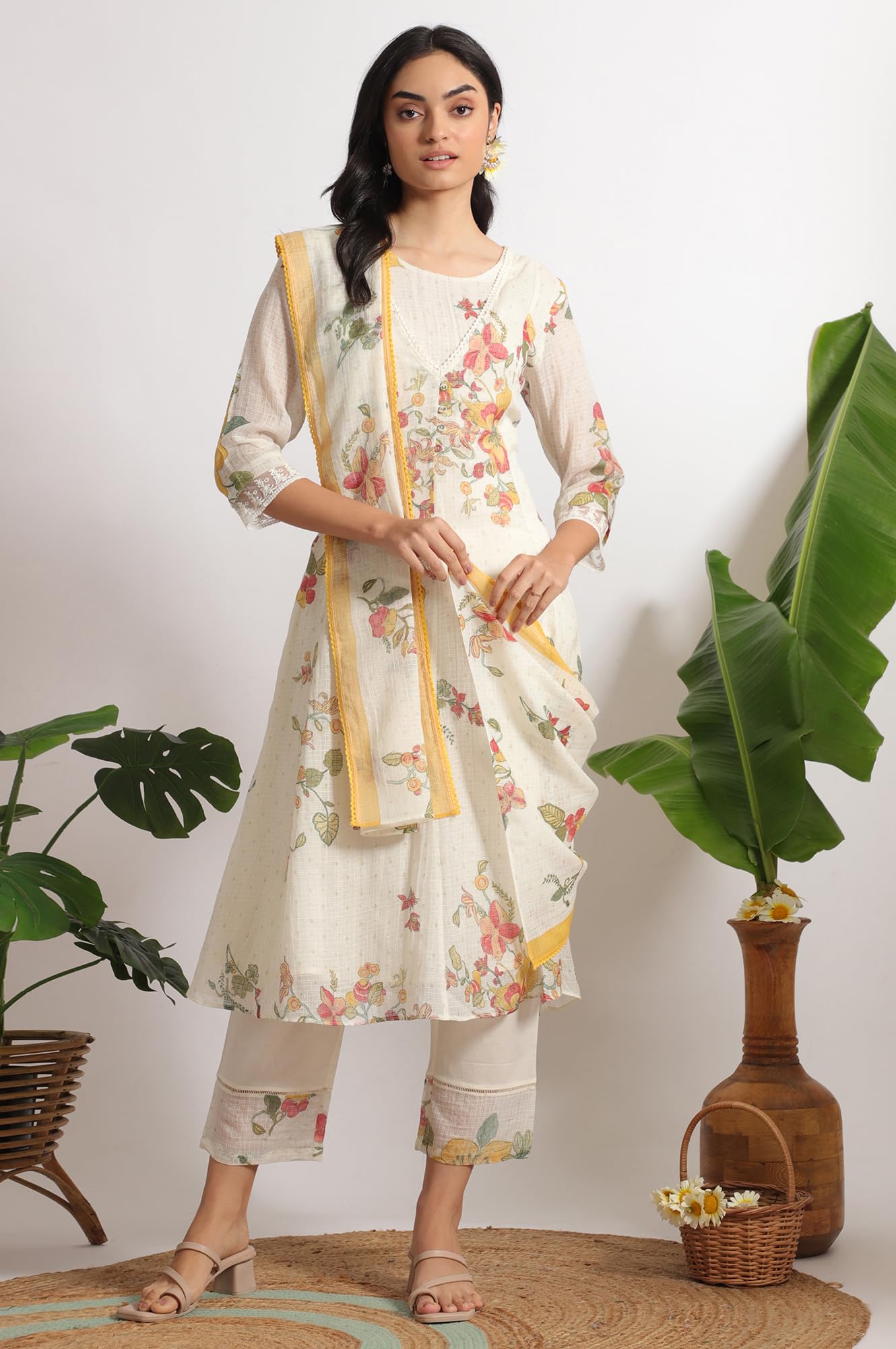 W for Woman White Floral Printed Mock Layered Kota Flared Kurta and Pants Set with Dupatta (Size: XS)-WS11600-124279