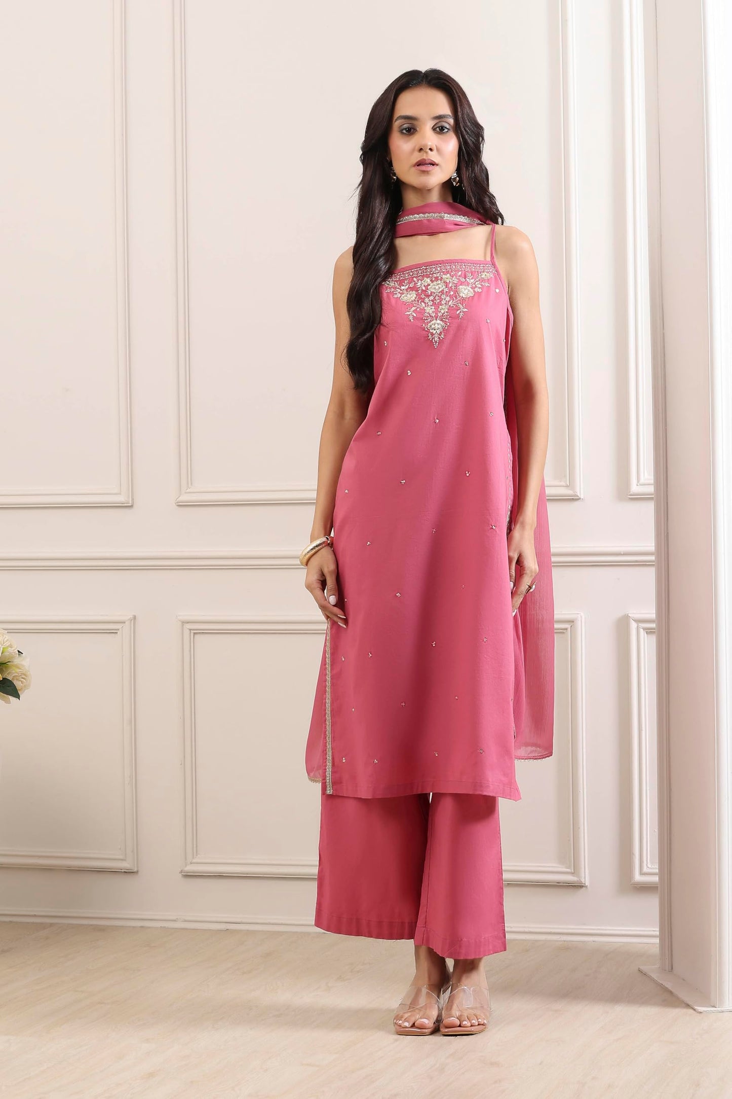 Biba Women Pink Cotton Straight Suit Set_30