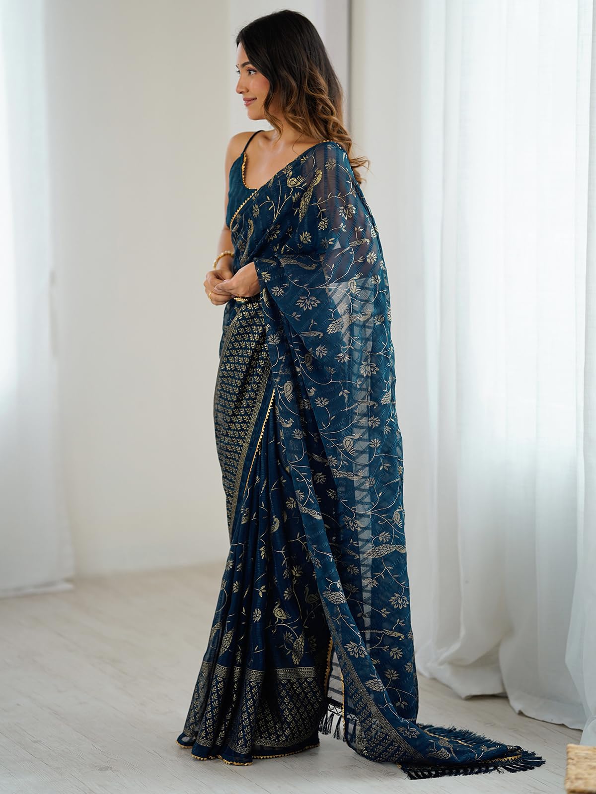 Satrani Women's Georgette Foil Printed Gota Lace Self- Woven Saree with Unstitched Blouse Piece (4742S822N_Peacock Blue)