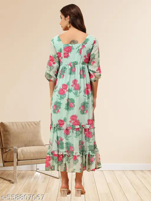 Elegant Light Green Floral Georgette Midi Dress for Women | Square Neck Tiered Western Dress | Stylish Casual Wear