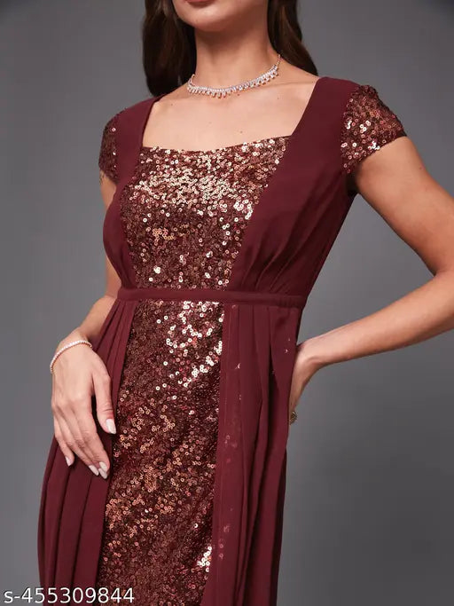 Miss Chase Women's Wine Embellished Fit & Flare Maxi Dress