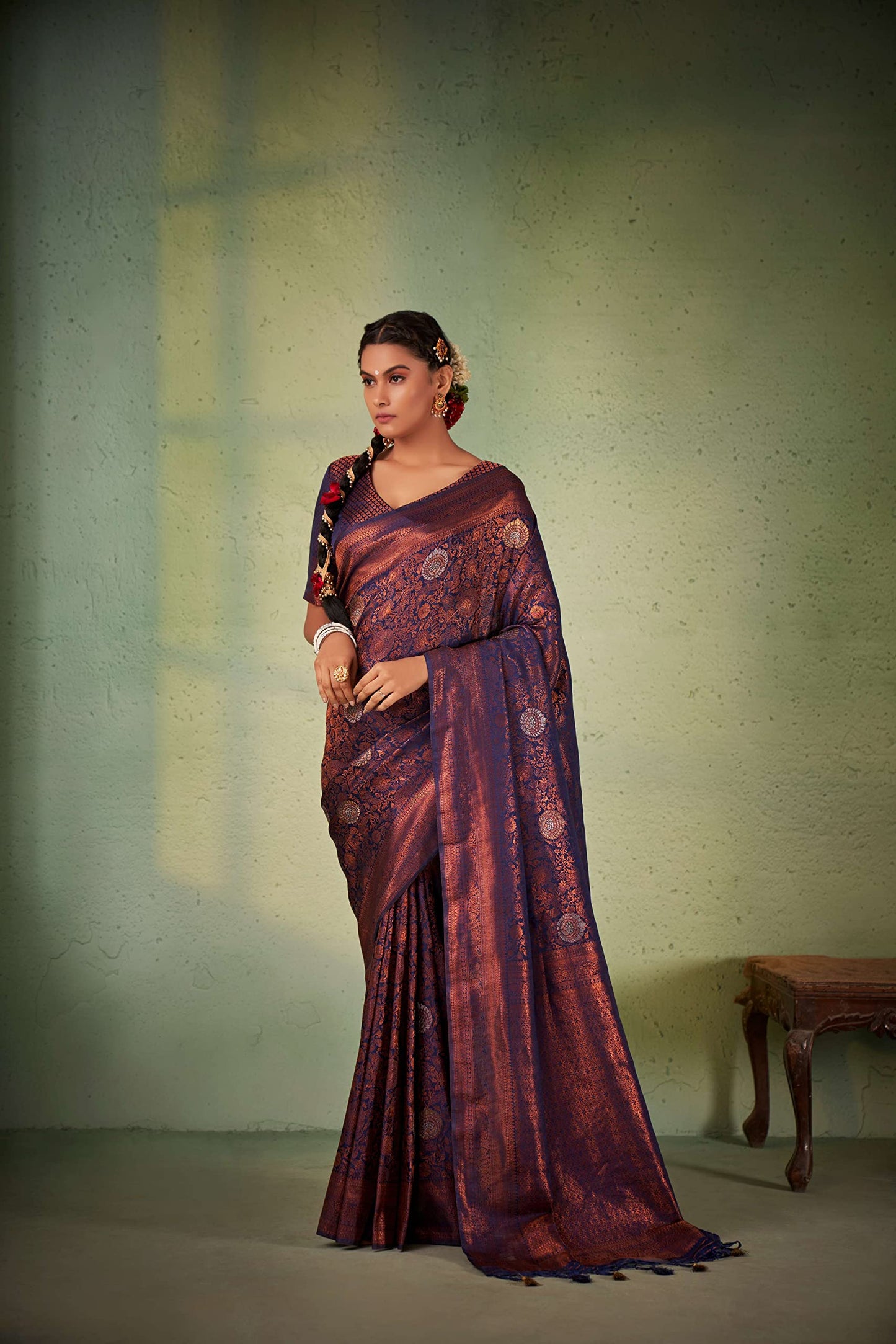 Vardha Women's Kanjivaram Art Silk Saree, Zari Woven, Copper, Unstitched Blouse - Navy Blue, Blue Sari Anvaya, 551
