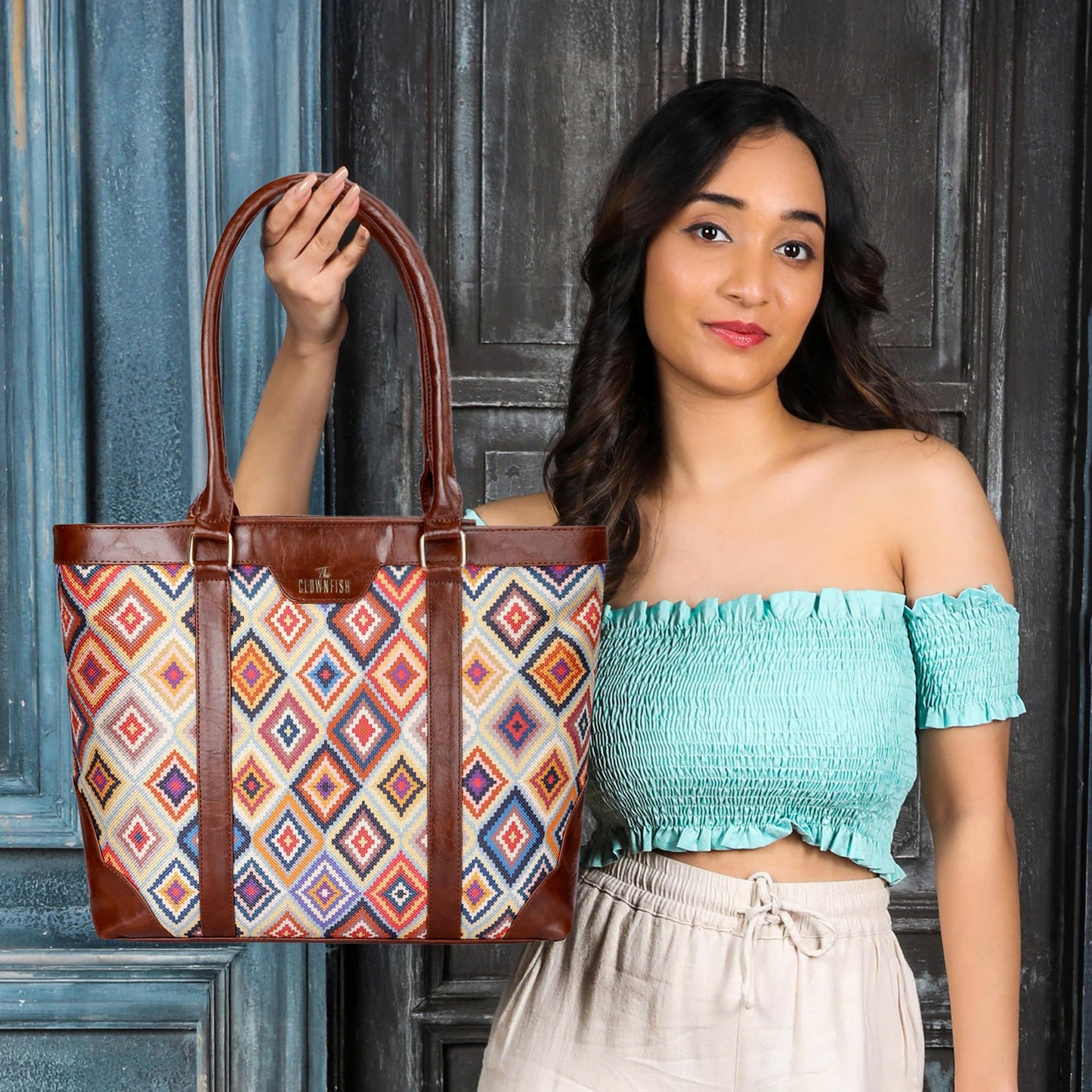 THE CLOWNFISH Miranda Series 15.6 inch Laptop Bag For Women Printed Handicraft Fabric & Faux Leather Office Bag Briefcase Hand Messenger bag Tote Shoulder Bag (Multicolour-Diamond)