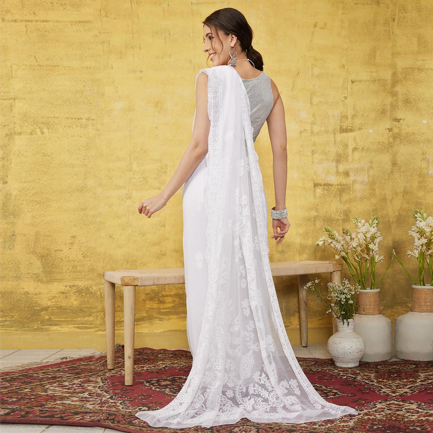 Ada Women's Handmade Lucknow Chikankari White Georgette Saree with Unstitched Blouse A129574