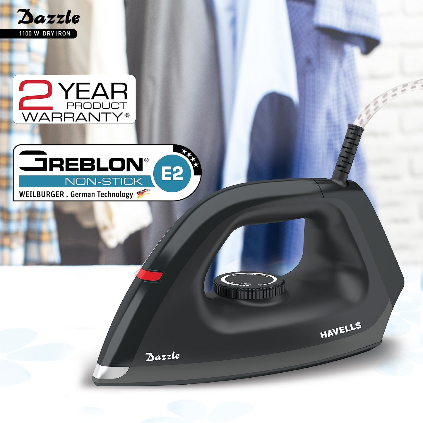 Havells Dry Iron Dazzle 1100 Watts, Iron Press, Greblon Non Sick Soleplate with German Technology, Shock Proof Body, Aerodynamic Design, 360° Swivel Cord, 2 Year Manufacturer Warranty (Black)