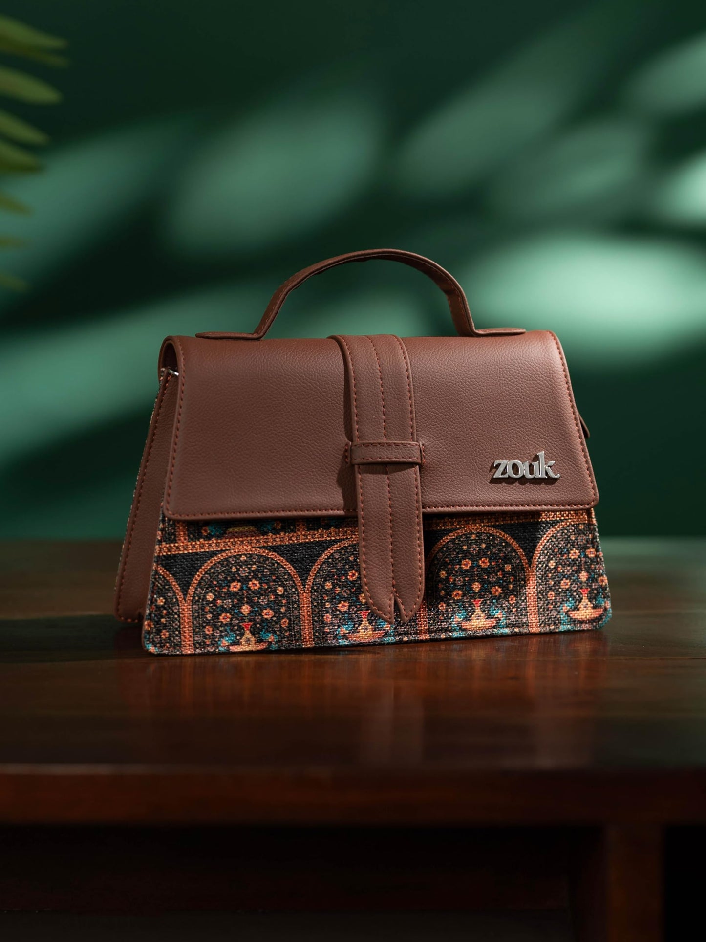 ZOUK Kriti Sanon Collection - Royal Indian Peacock Motif Iconic Evening Satchel | Vegan Leather Handbag for Women | Stylish, Lightweight & Spacious | Motif