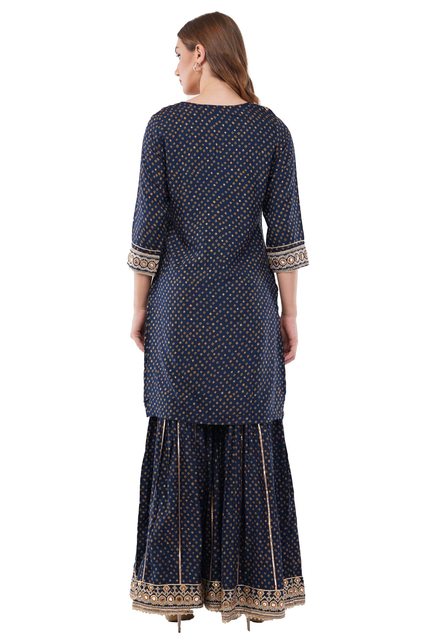 dhartii Navy Blue Suit Set for Women | Pure Muslin for Effortess Comfort | Embellished Yoke & Hemlines| 3 Piece Dress- Printed Suit, Flared Sharara Pants & Organza Dupatta