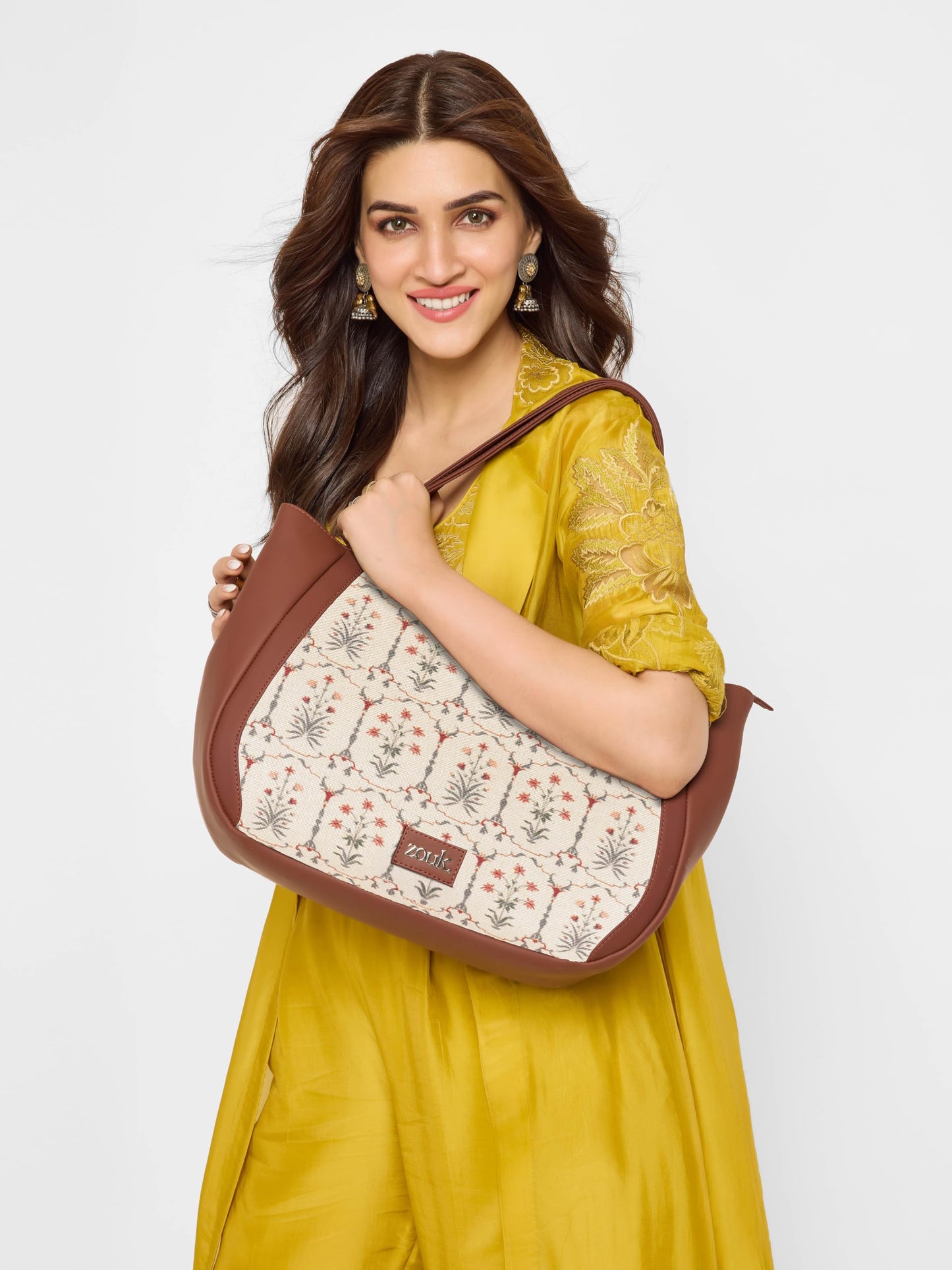 ZOUK Taj Nakashi Floral Printed Jute Handcrafted Vegan Leather Lemon Yellow Women's Shoulder Luna Handbags | Ladies Purse Handbag