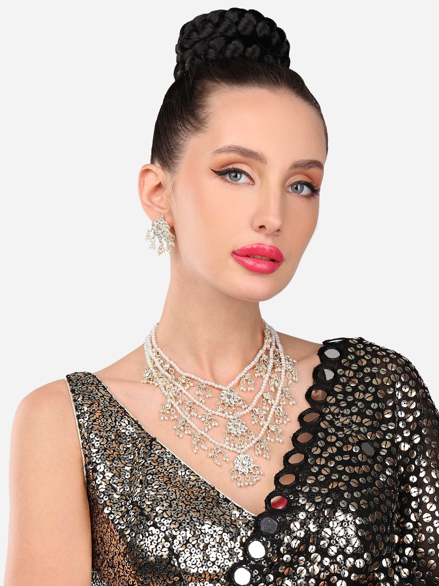 ZAVERI PEARLS Ethnic Kundan & Pearls Multi Layers Bridal Necklace Set For Women-ZPFK8689