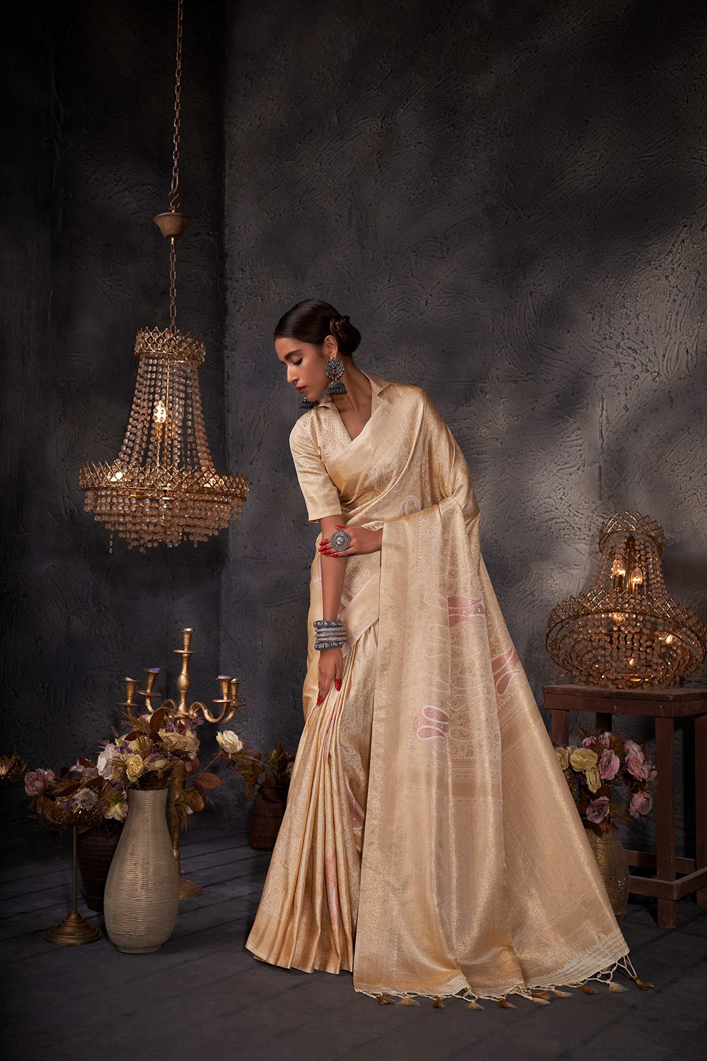 Vardha Women's Kanchipuram Art Silk Saree with Unstitched Blouse Piece - Gold Copper Silver Zari Woven Work Sarees for Wedding (Ayana Silk_535)