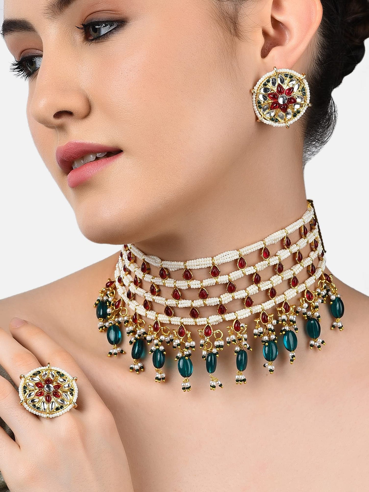 ZAVERI PEARLS Pink Kundan & Green Beads Choker Necklace Earring & Ring Set For Women-ZPFK11071