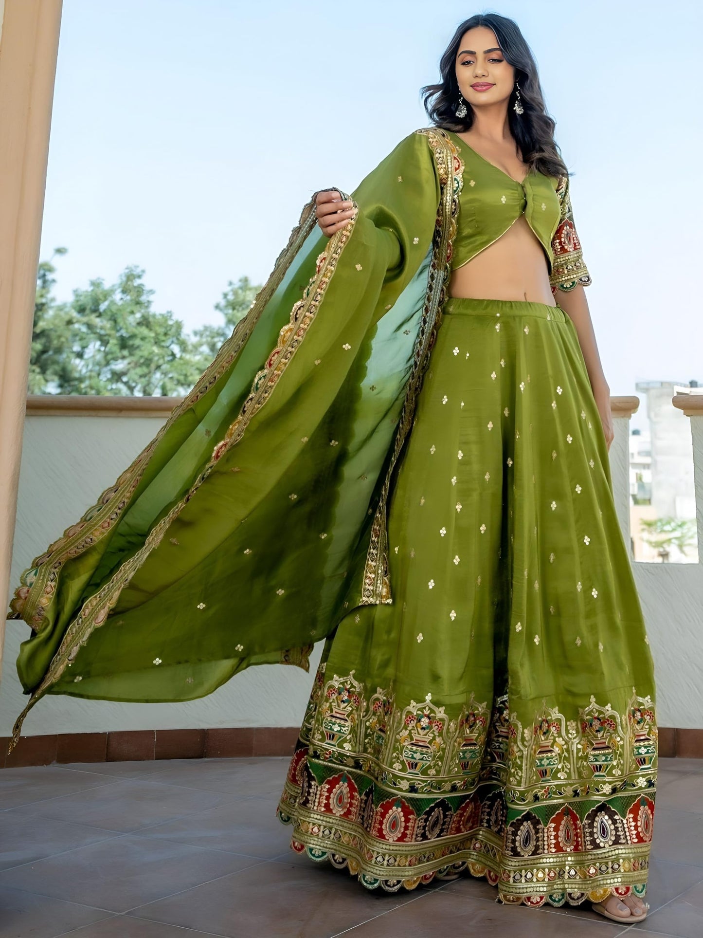 Zeel Clothing Women's Sequins Thread Embroidered Cosmos Silk Lehenga Choli With Dupatta (5128-Women-Lehenga-Choli-Latest; Free size) (Green)