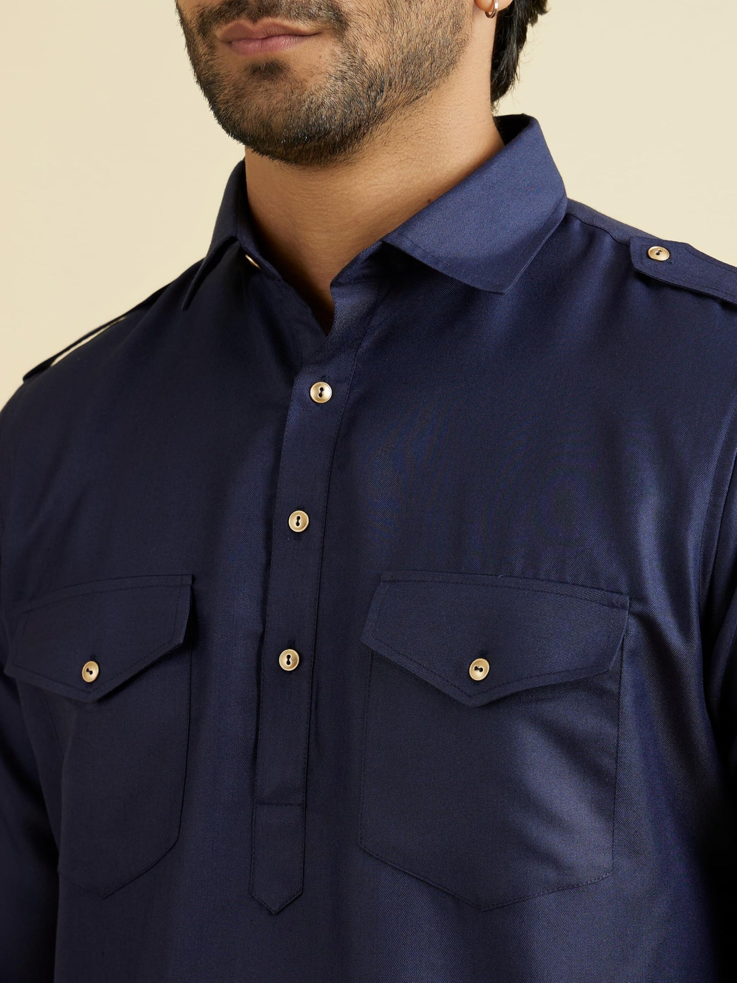 Manyavar Men's Rayon Blend Solid Pathani Kurta Churidar Set (Dark Blue,L)